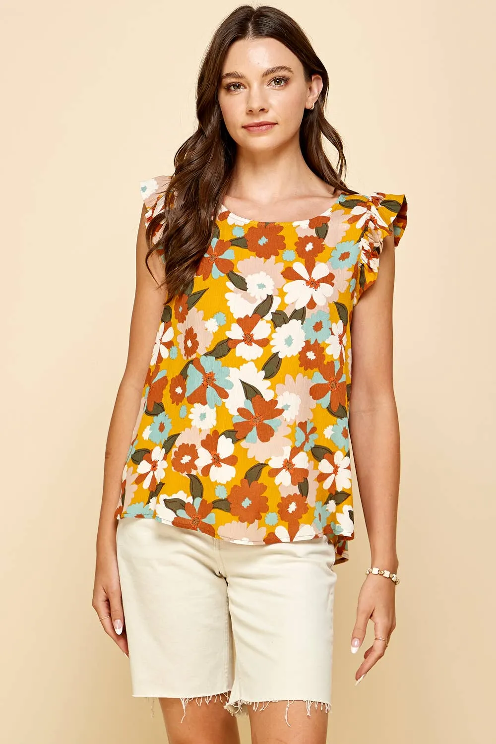 Floral Sleeveless Top with Ruffled Sleeves