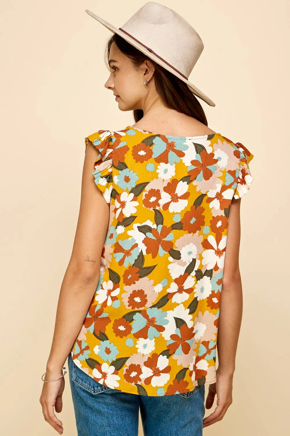 Floral Sleeveless Top with Ruffled Sleeves