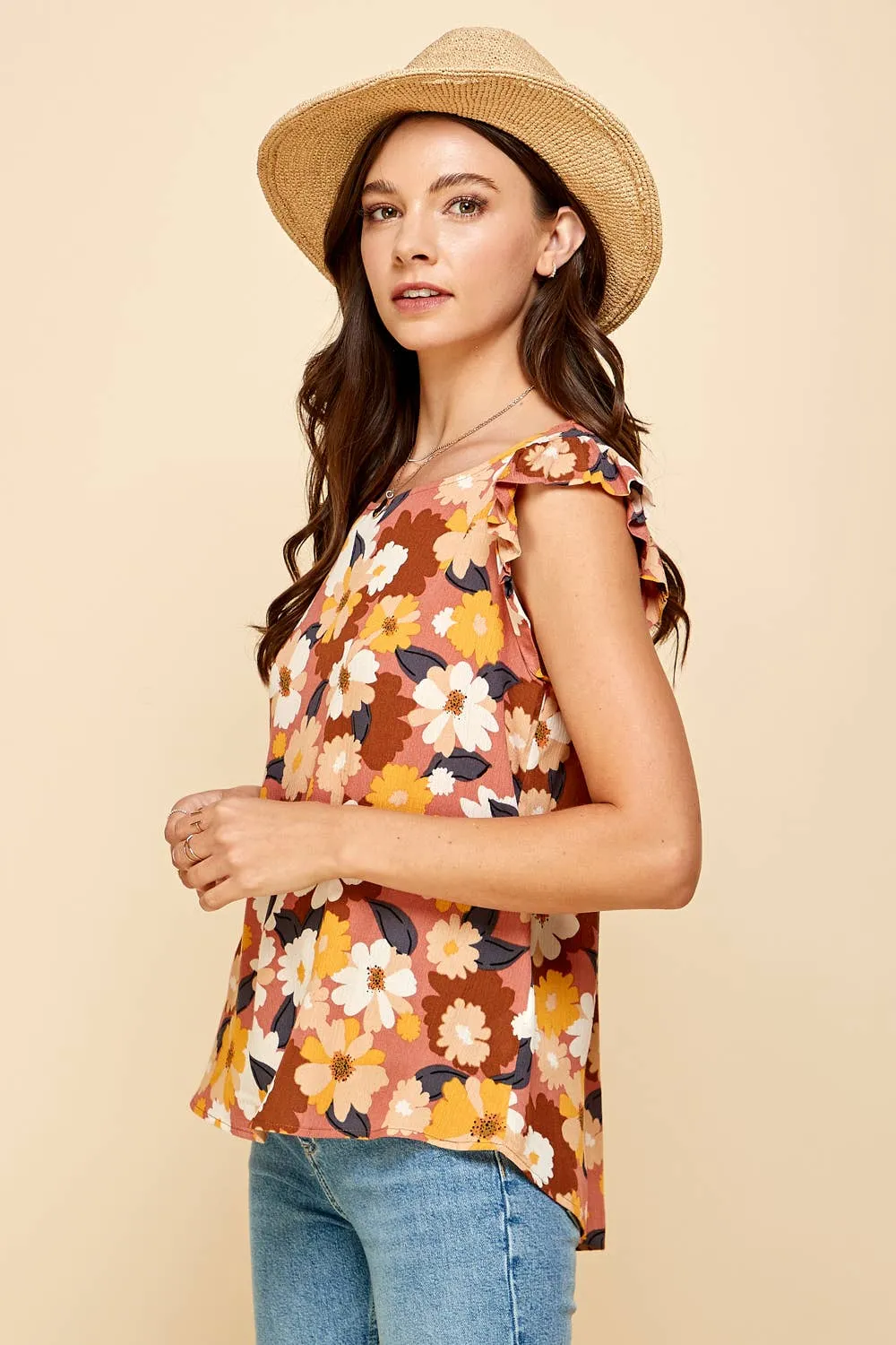 Floral Sleeveless Top with Ruffled Sleeves