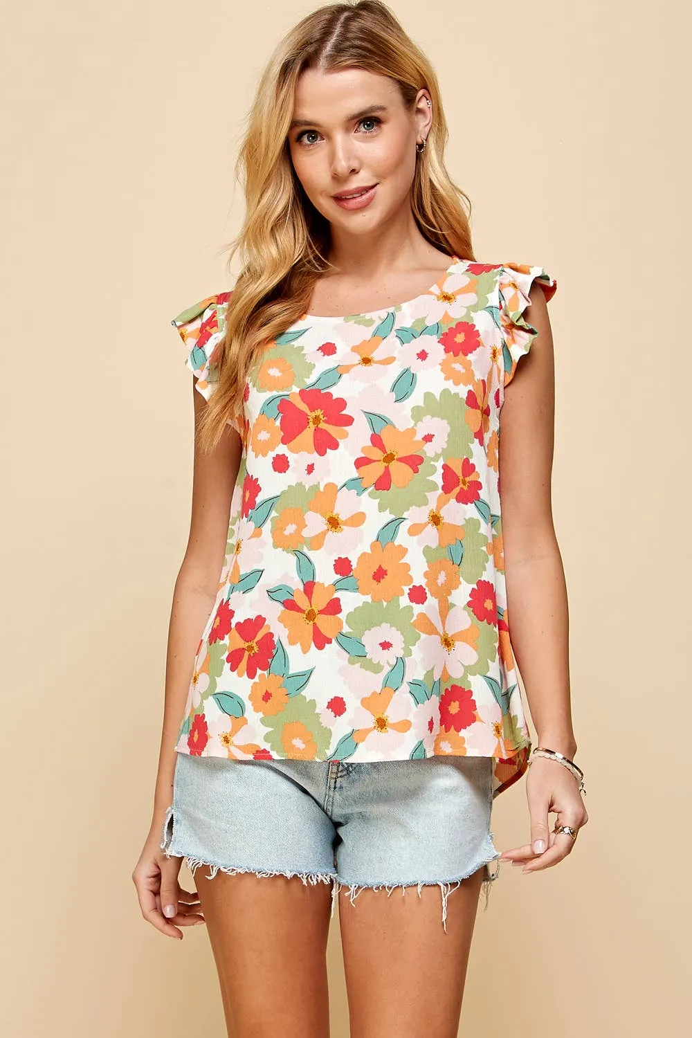 Floral Sleeveless Top with Ruffled Sleeves