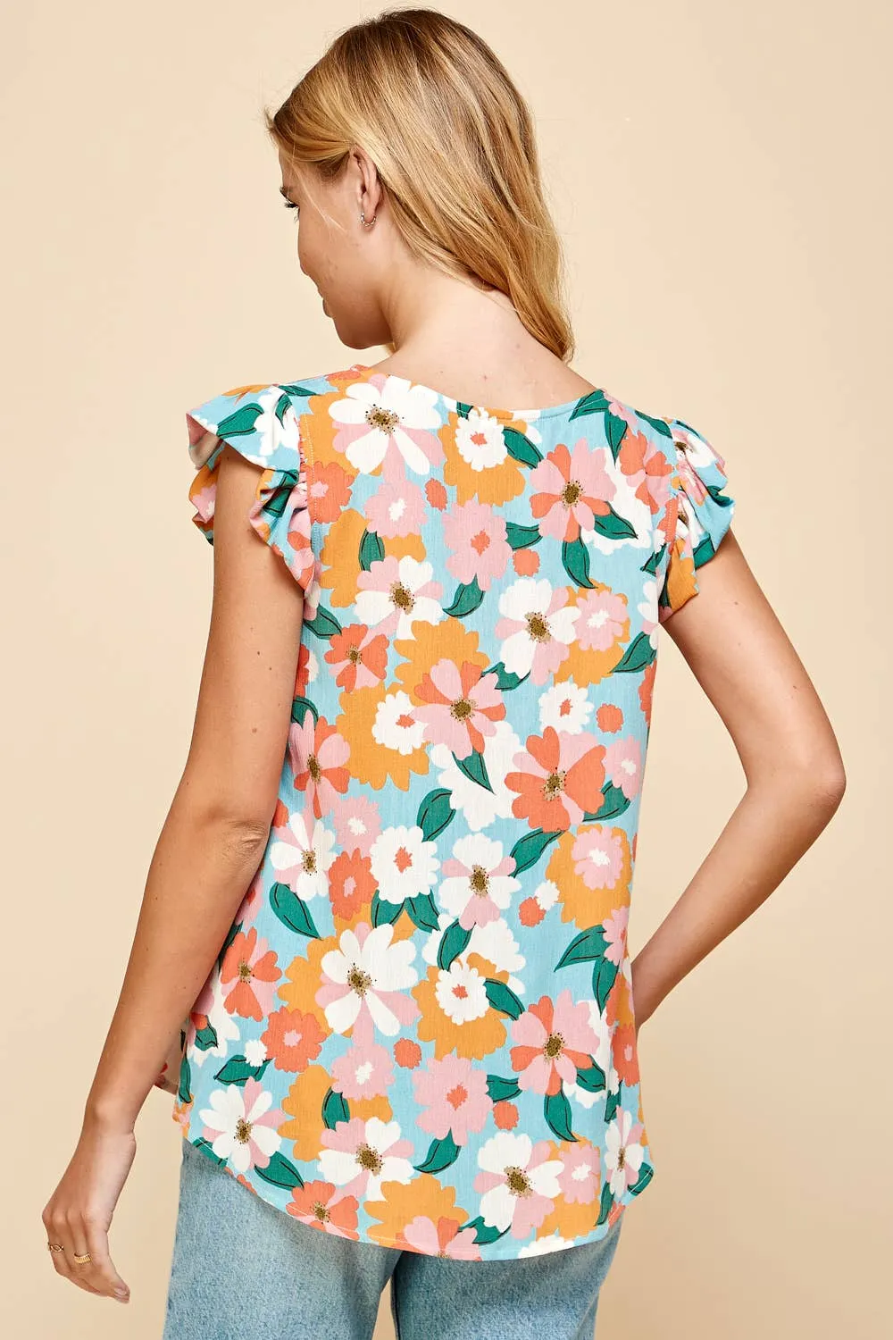 Floral Sleeveless Top with Ruffled Sleeves