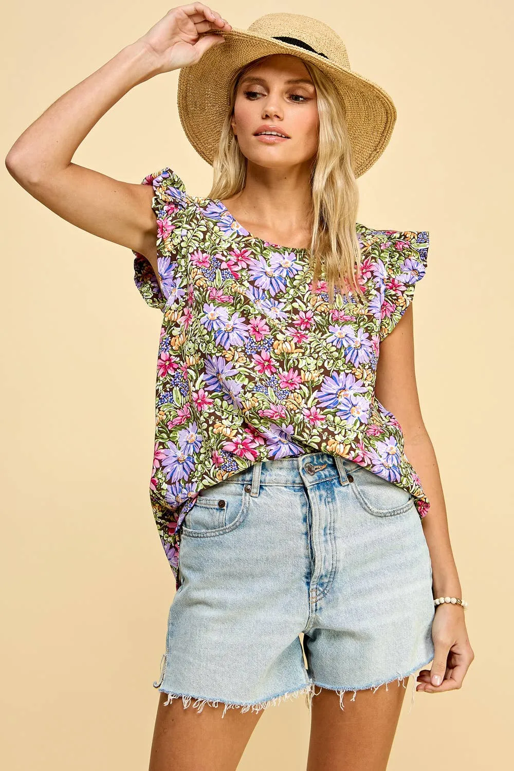 Floral Top With Short Ruffled Sleeves