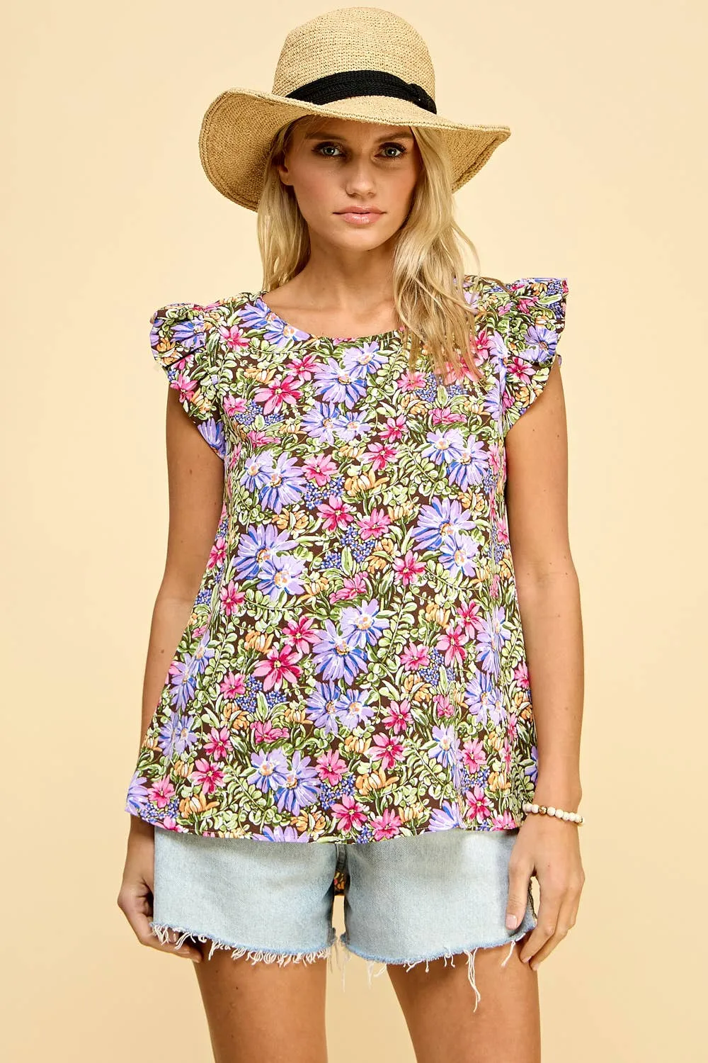 Floral Top With Short Ruffled Sleeves