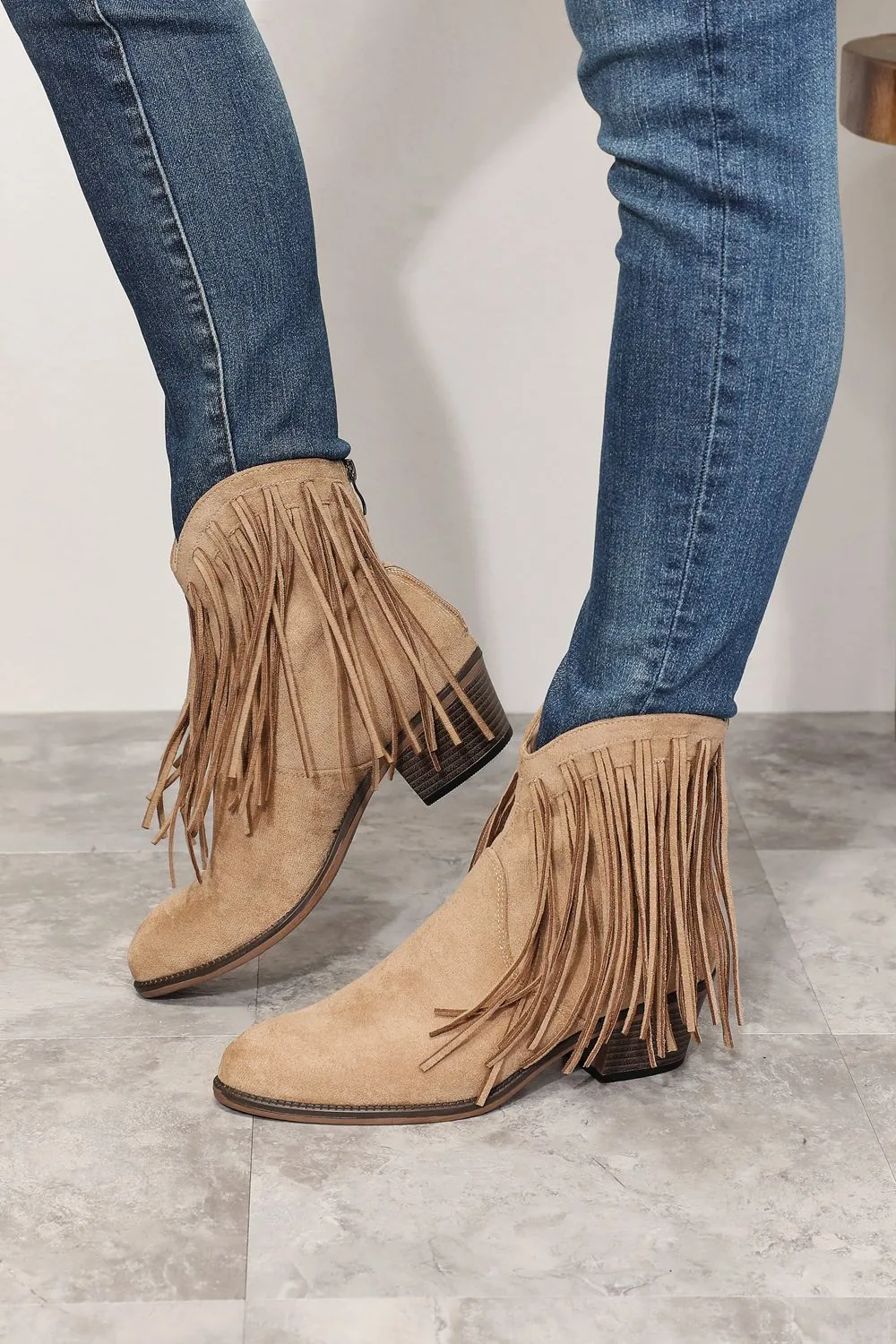 Fringe Cowboy Western Ankle Boots in Tan