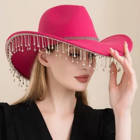 Fuchsia Rhinestone Embellished Band Pointed Rhinestone Stone Paved Fringe Around Cowboy Western Hat