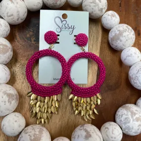 FUCHSIA SEEDBEAD CIRCLE AND GOLD SEQUIN EARRINGS