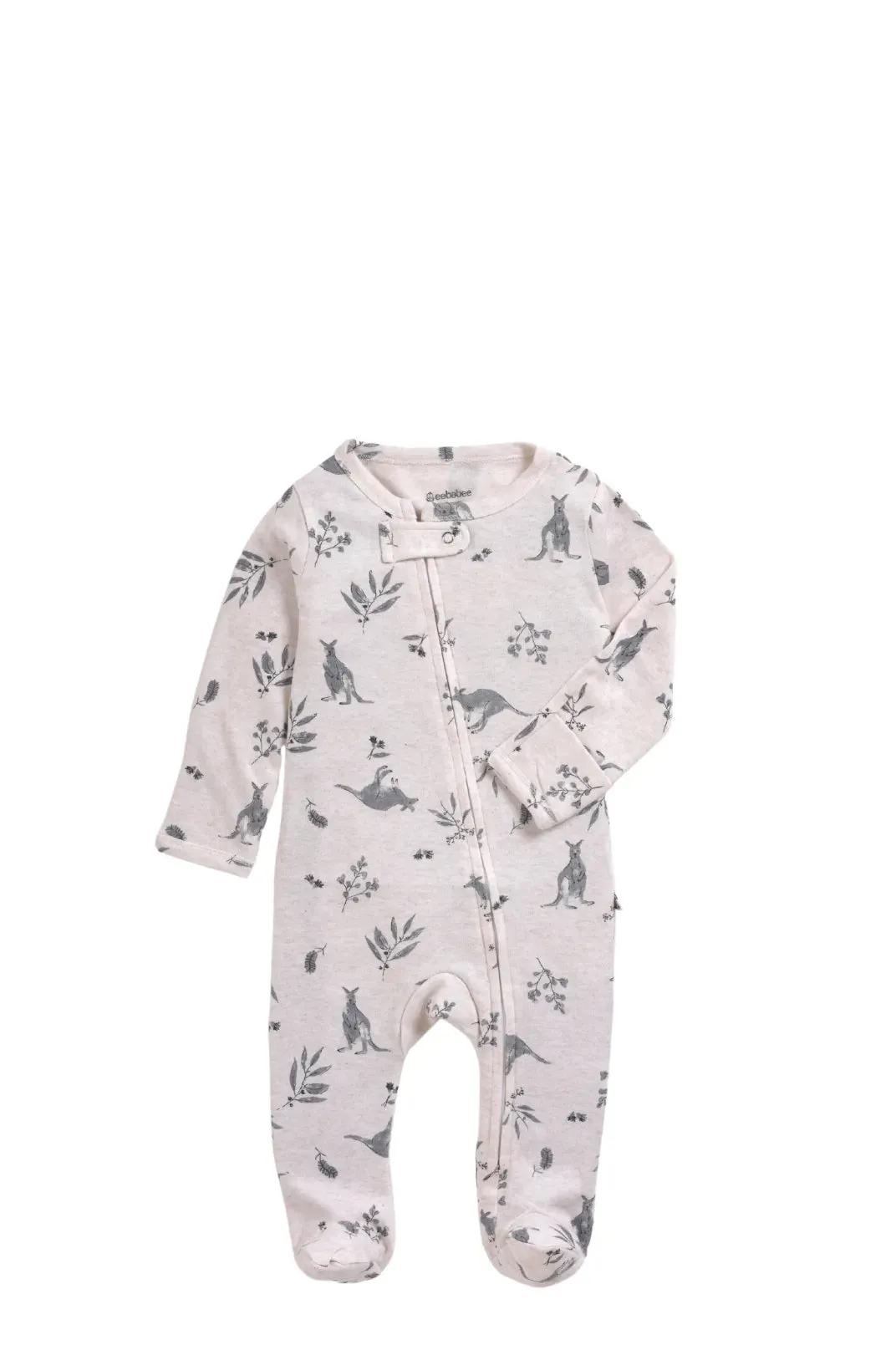 Full sleeve grey leaf pattern in cream zipper sleepsuit with cap  for baby