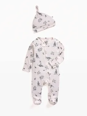 Full sleeve grey leaf pattern in cream zipper sleepsuit with cap  for baby