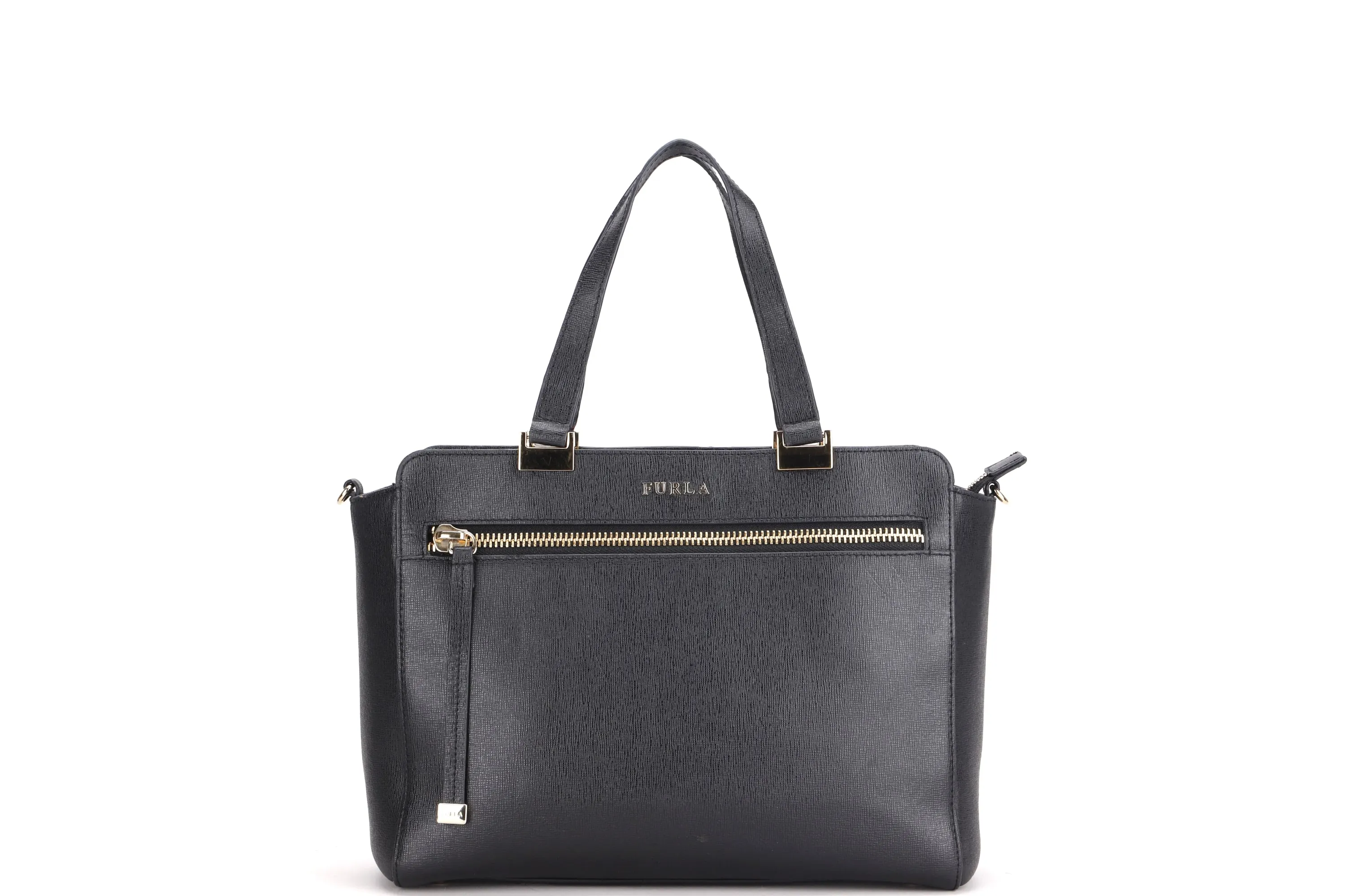 FURLA BLACK LEATHER TOTE, WITH STRAP & DUST COVER