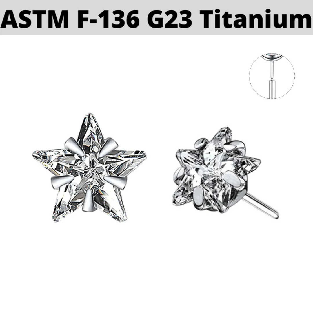 G23 Titanium Threadless Push In Prong Set Star CZ Gem Top