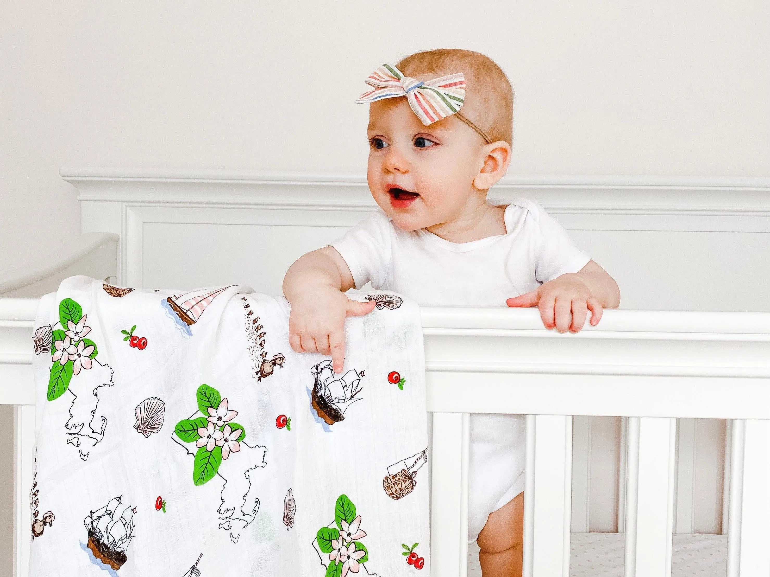 Gift Set: Massachusetts Floral Baby Muslin Swaddle Blanket and Burp Cloth/Bib Combo