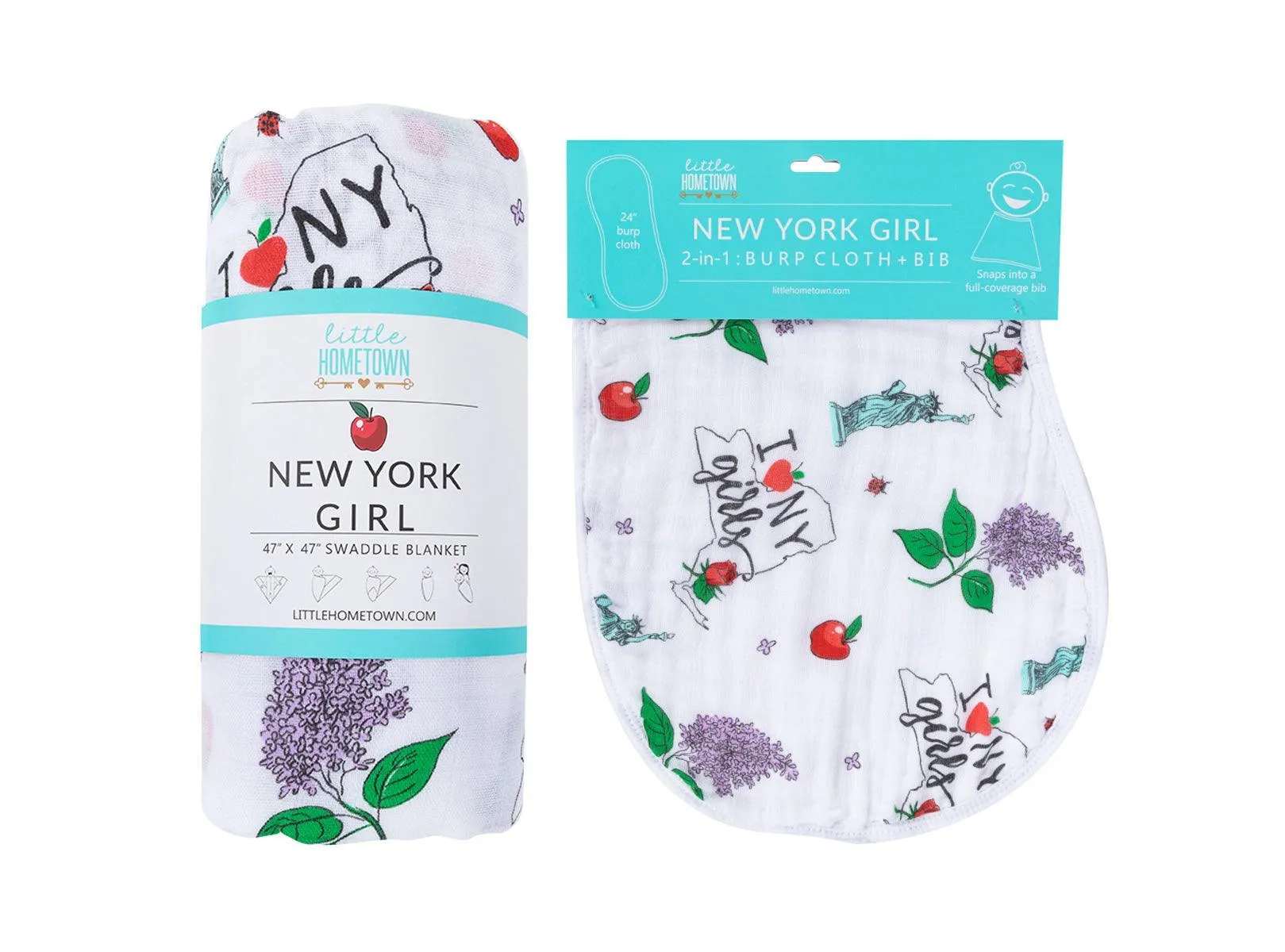 Gift Set: New York Girl Baby Muslin Swaddle Blanket and Burp Cloth/Bib Combo