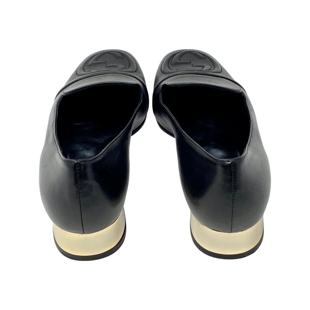 GUCCI 391973 Black Leather Logo Loafers Flats Gold Heel Size 37 | 6.5