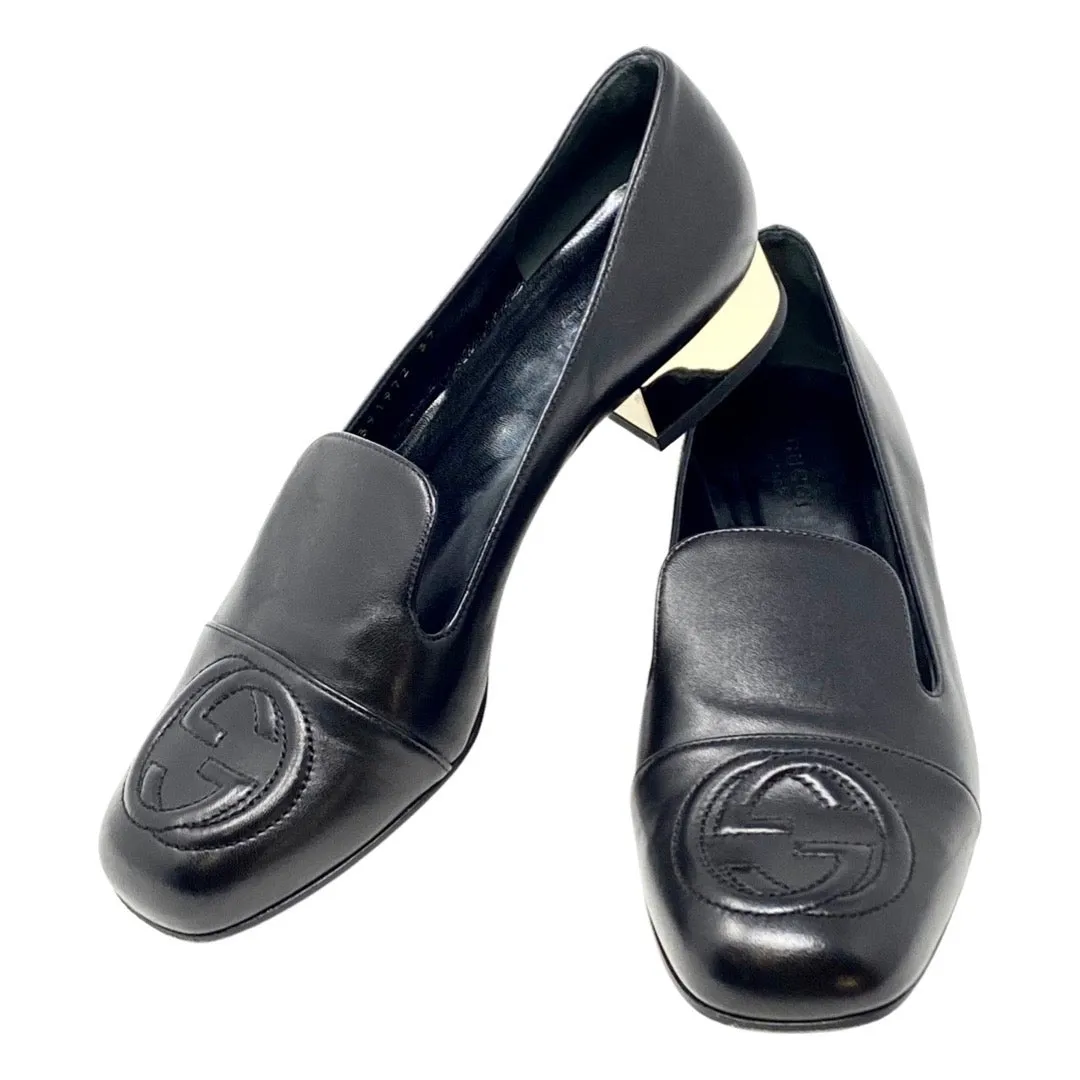 GUCCI 391973 Black Leather Logo Loafers Flats Gold Heel Size 37 | 6.5