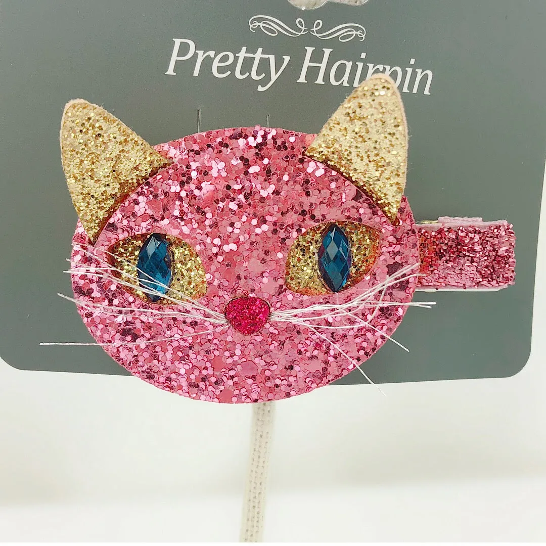 HANDMADE OOAK Sparkling CAT Pink/Black Hair Pin