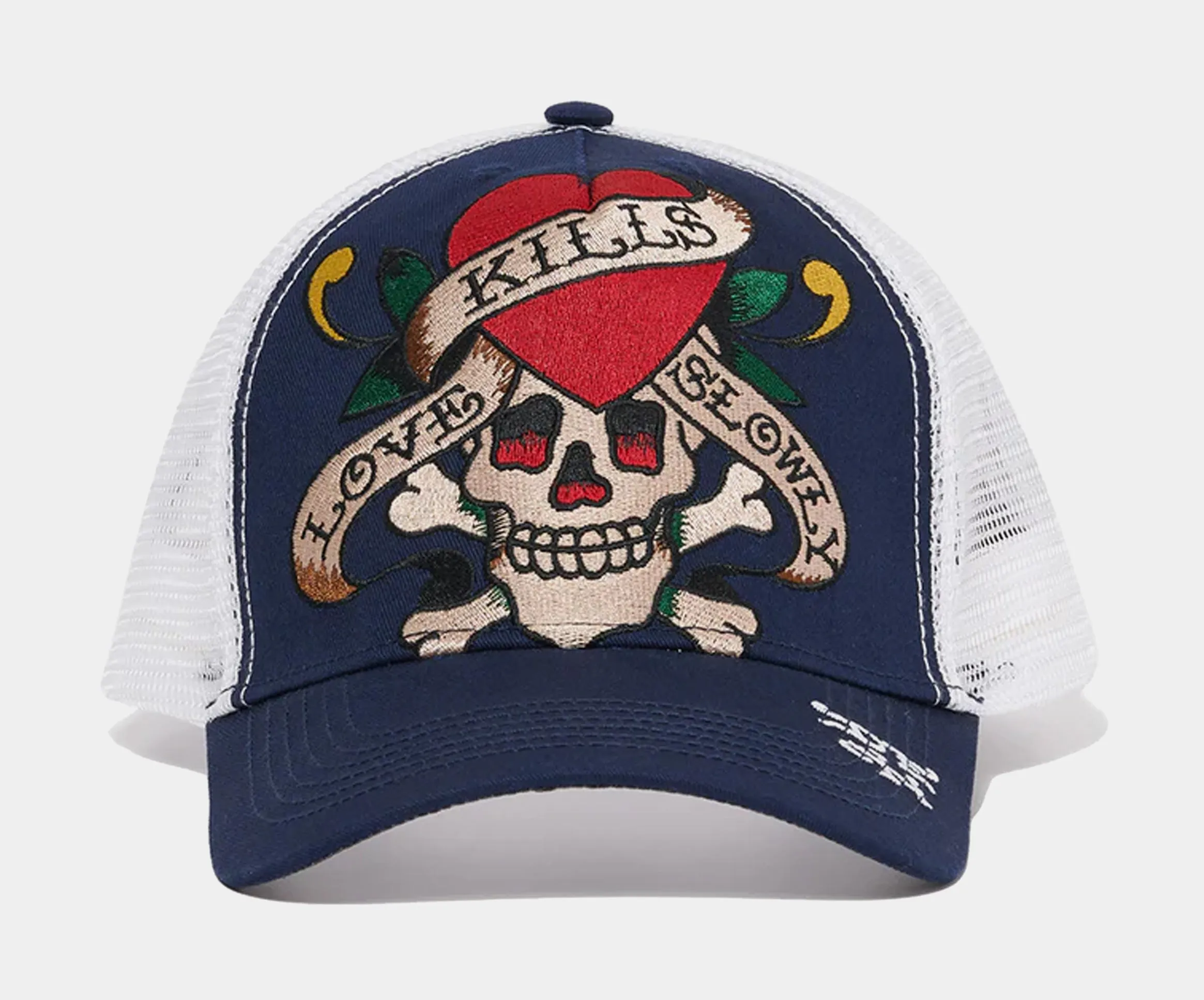 Heart Skull Trucker Mens Hat (Navy/White)