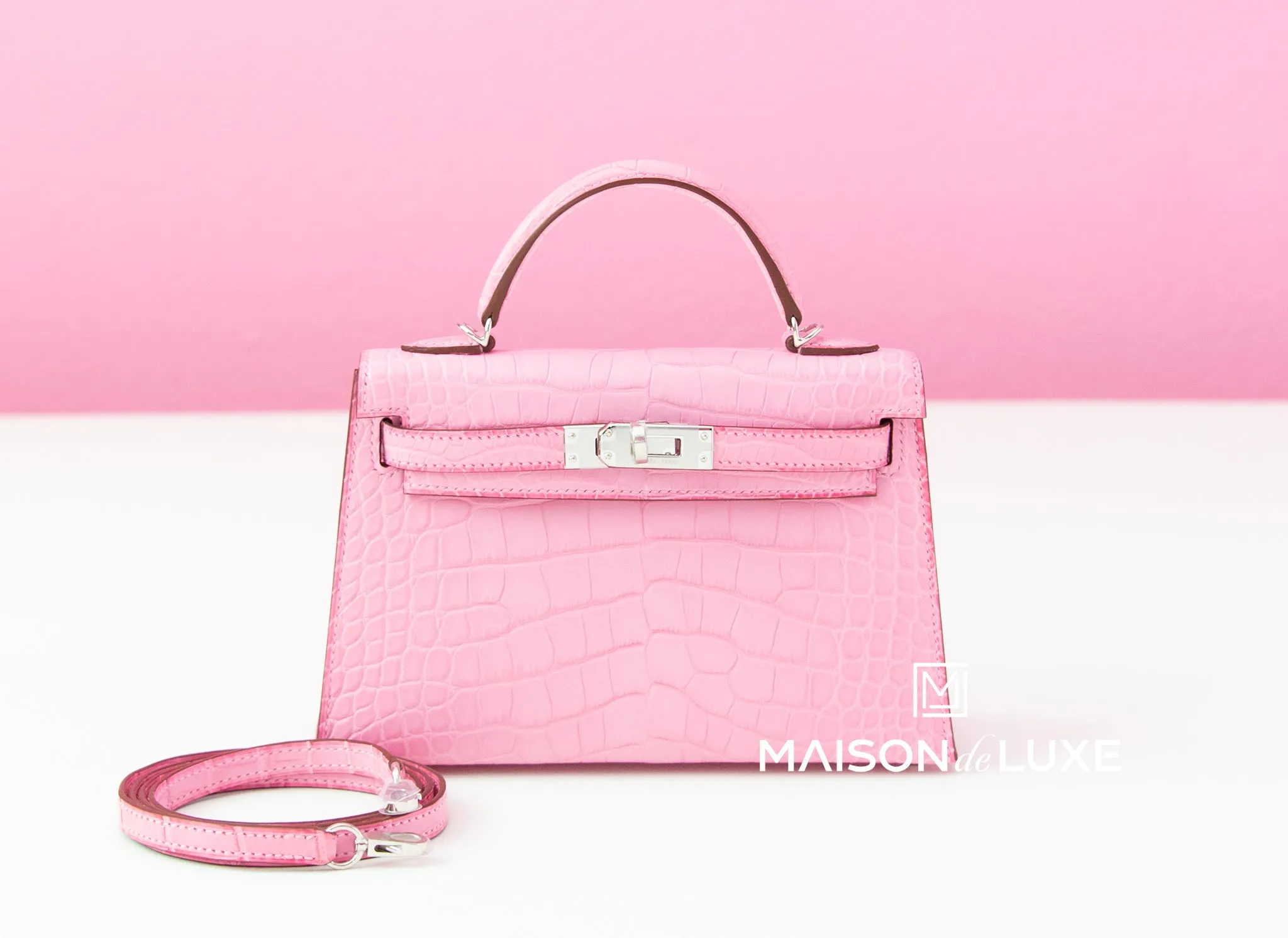 Hermes 5P Bubblegum Pink Crocodile Mini Kelly II 20 cm