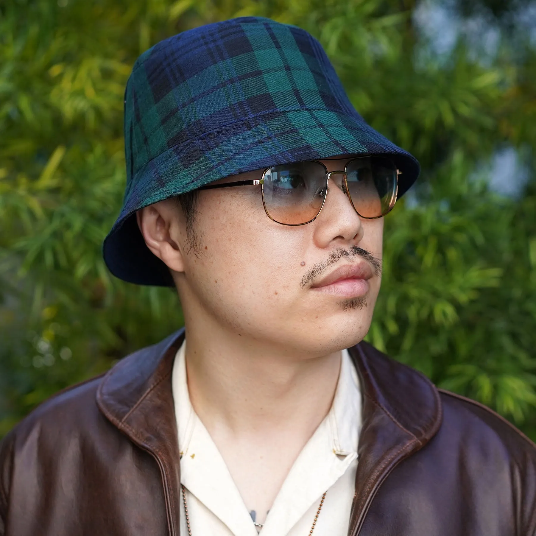 Joyride Reversible Bucket Hat in E. Thomas Black Watch Plaid Wool/Orta Anadolu Deep Indigo Chambray