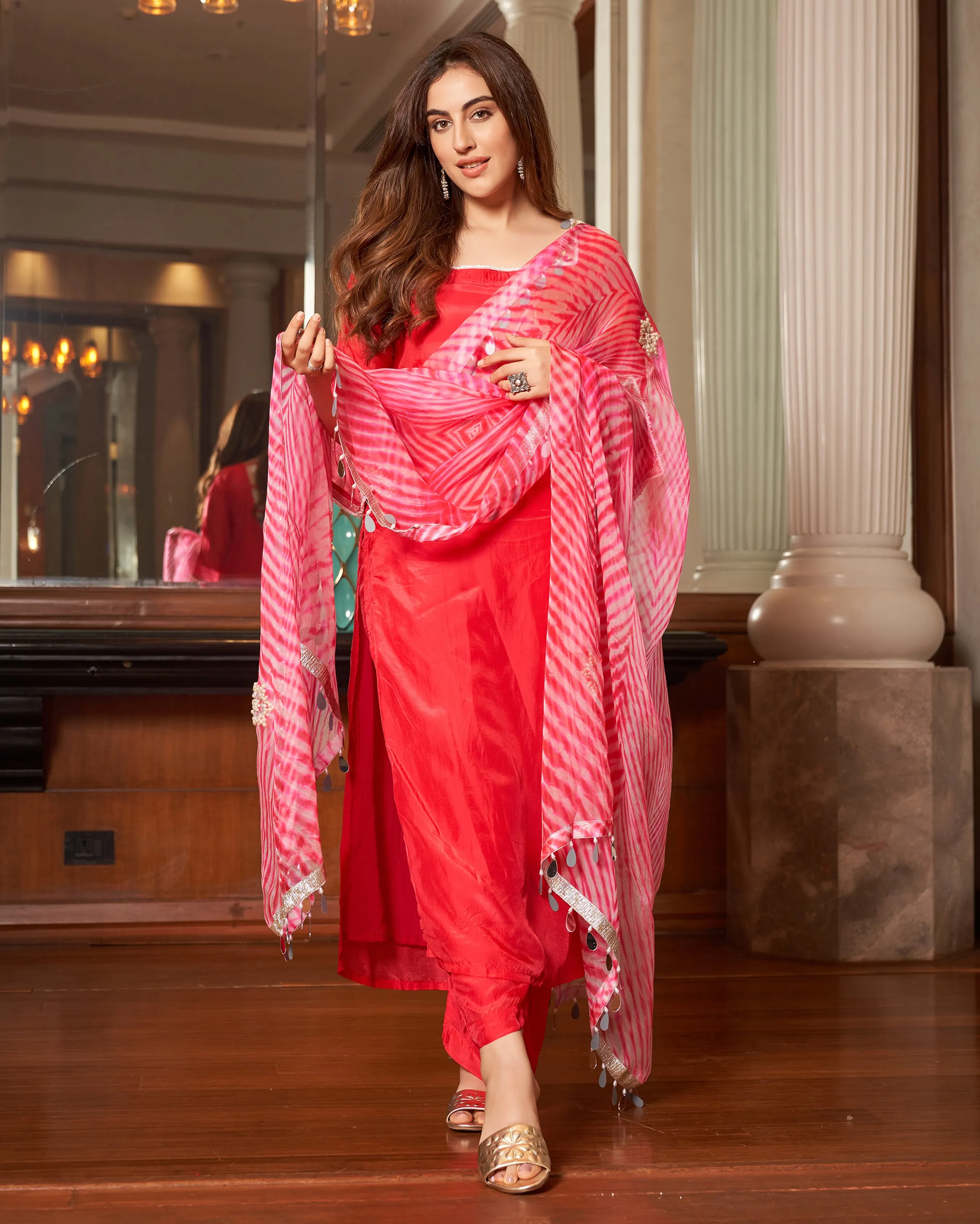 Krushi Pink Leheriya Silk Suit Set