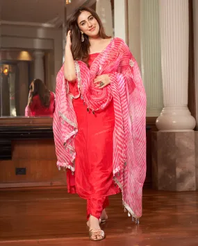 Krushi Pink Leheriya Silk Suit Set