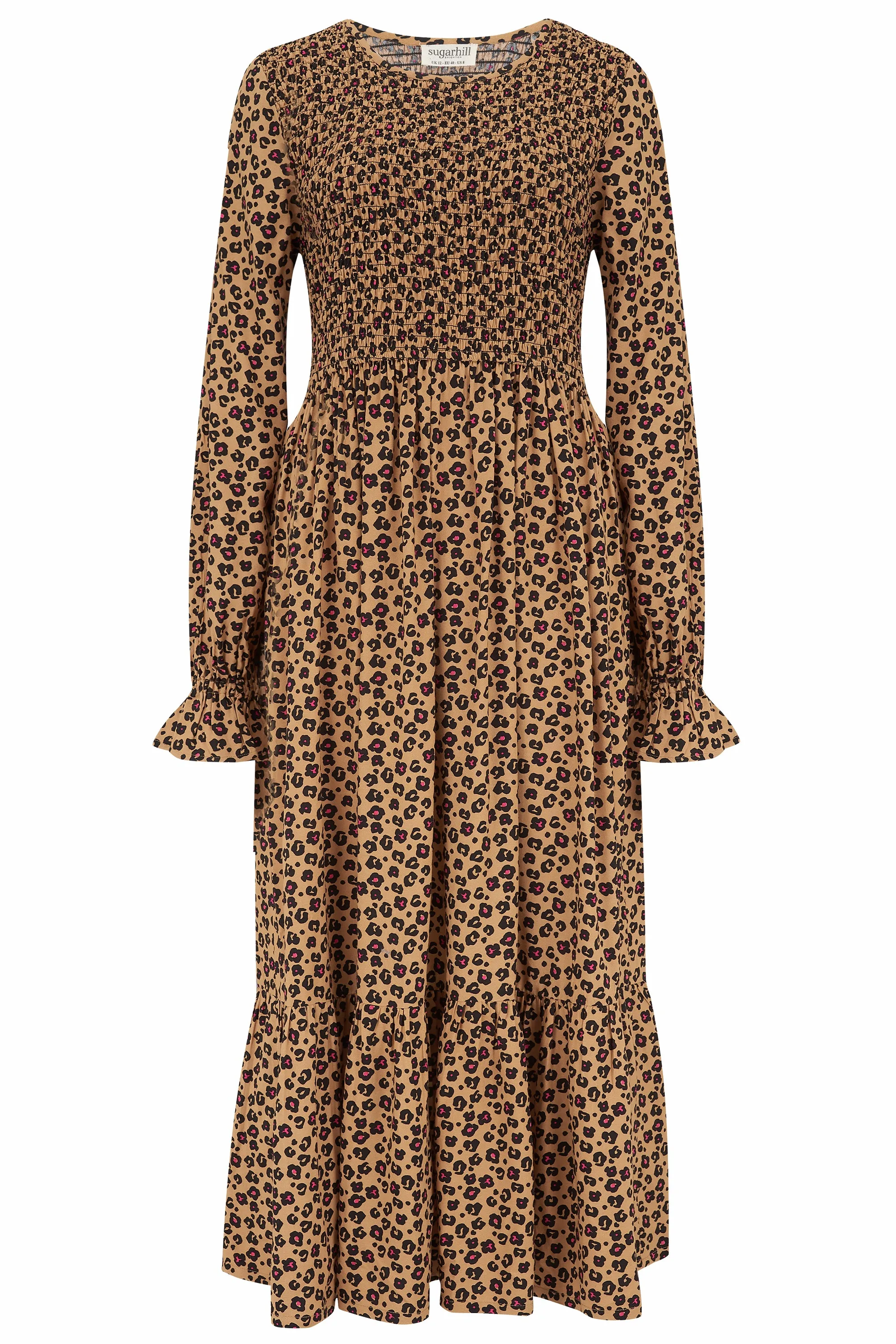 Latisha Midi Shirred Dress - Tan, Animal Floral