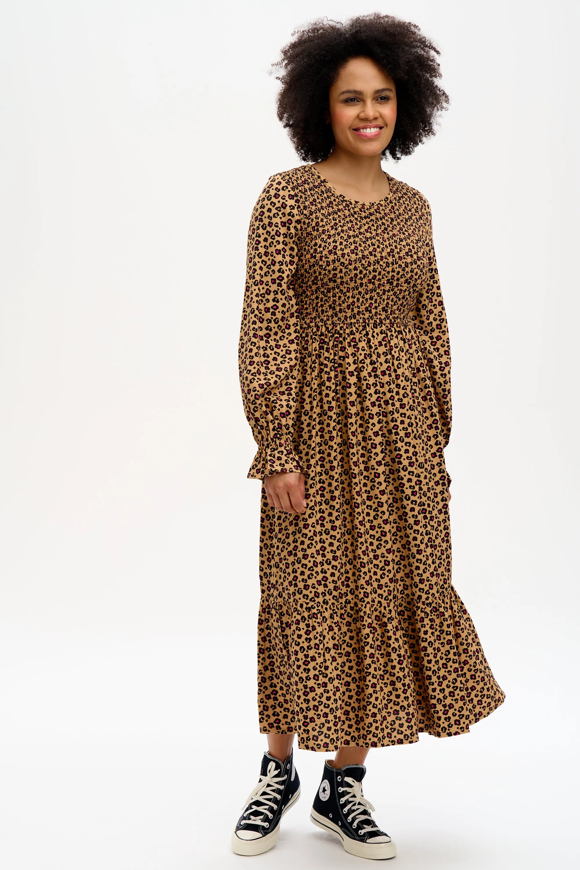 Latisha Midi Shirred Dress - Tan, Animal Floral