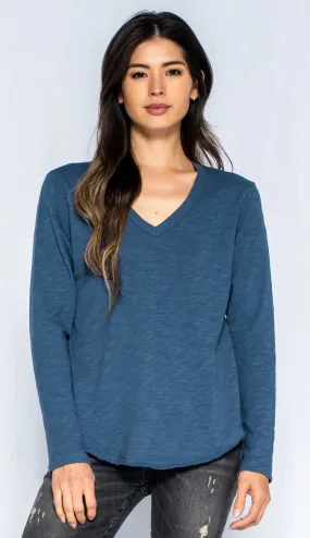 Long Sleeve V Neck Shirttail Tee with Raw Hem - Indie Blue