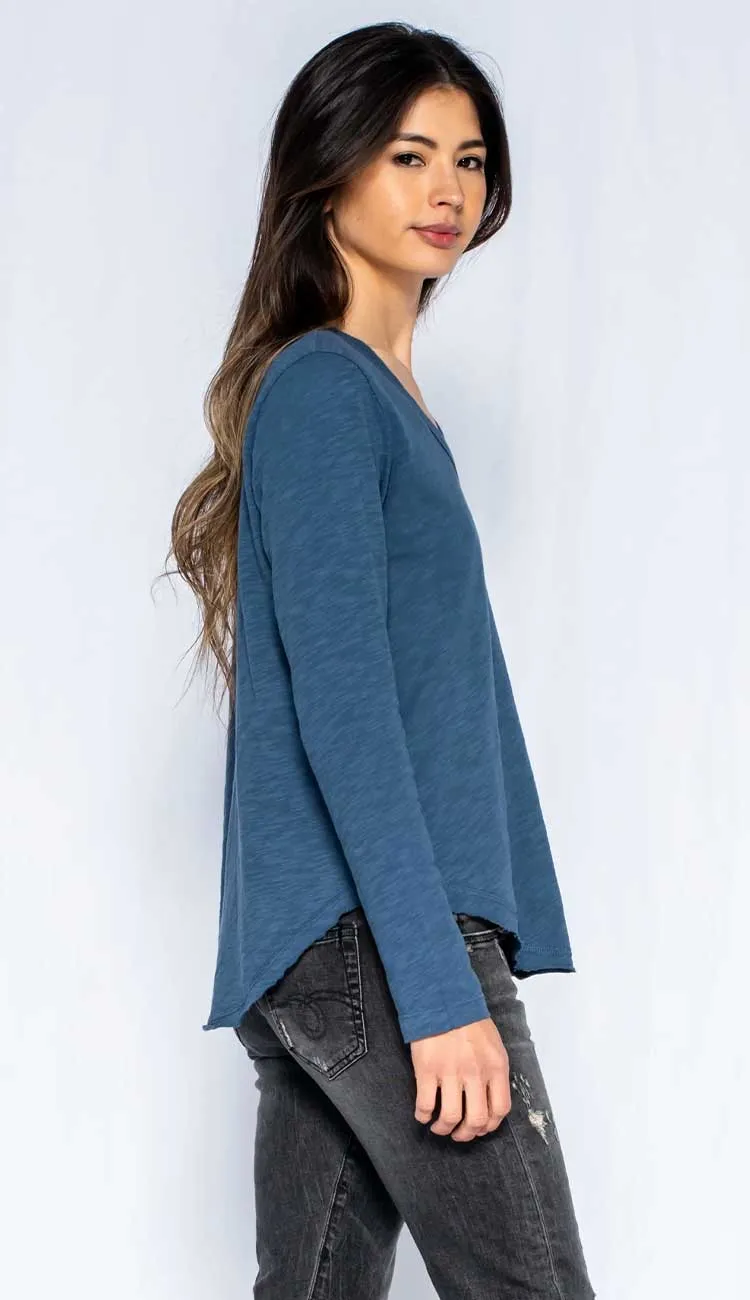 Long Sleeve V Neck Shirttail Tee with Raw Hem - Indie Blue