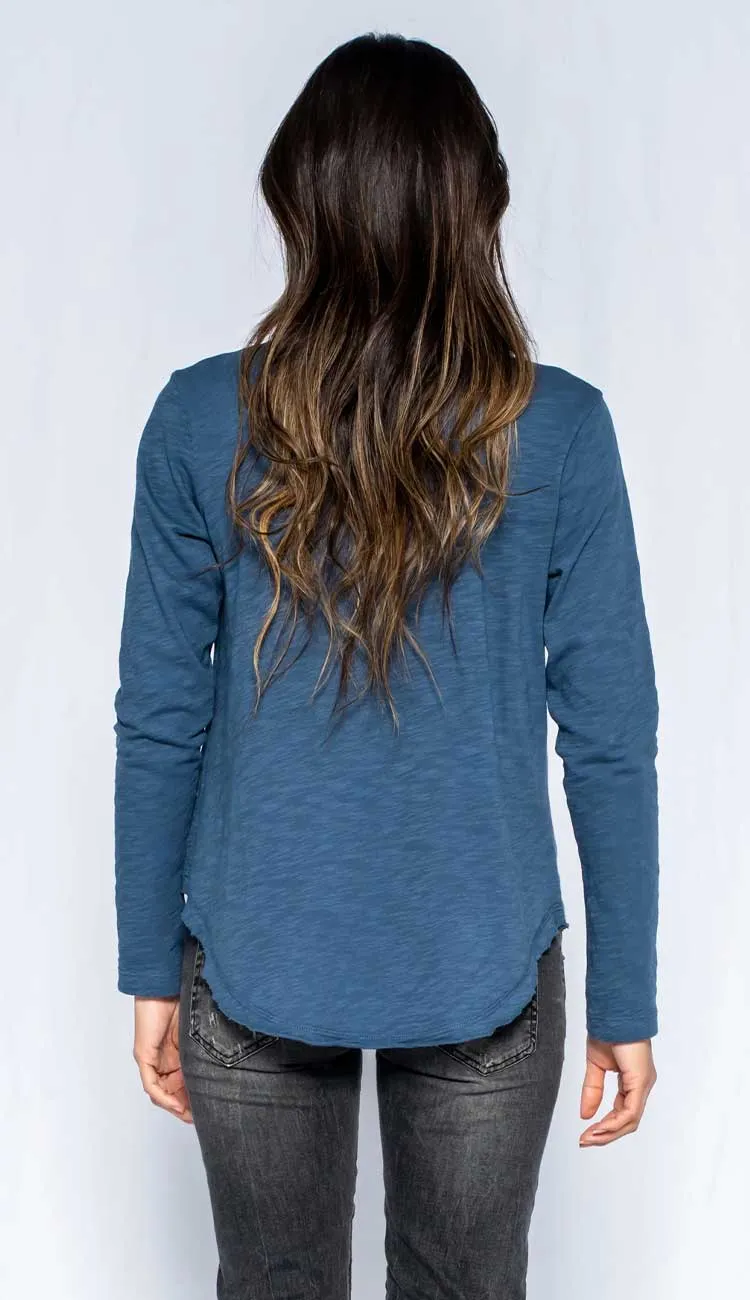 Long Sleeve V Neck Shirttail Tee with Raw Hem - Indie Blue