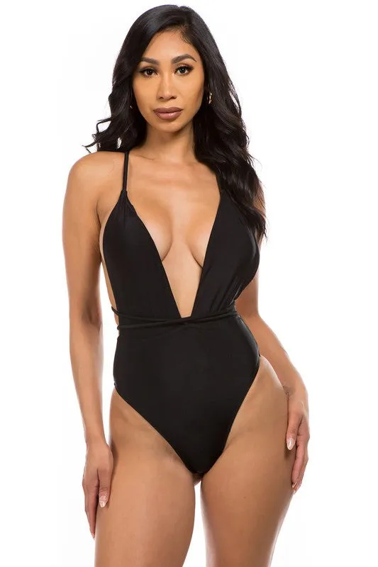 Low V-Neck One Piece Swimsuit