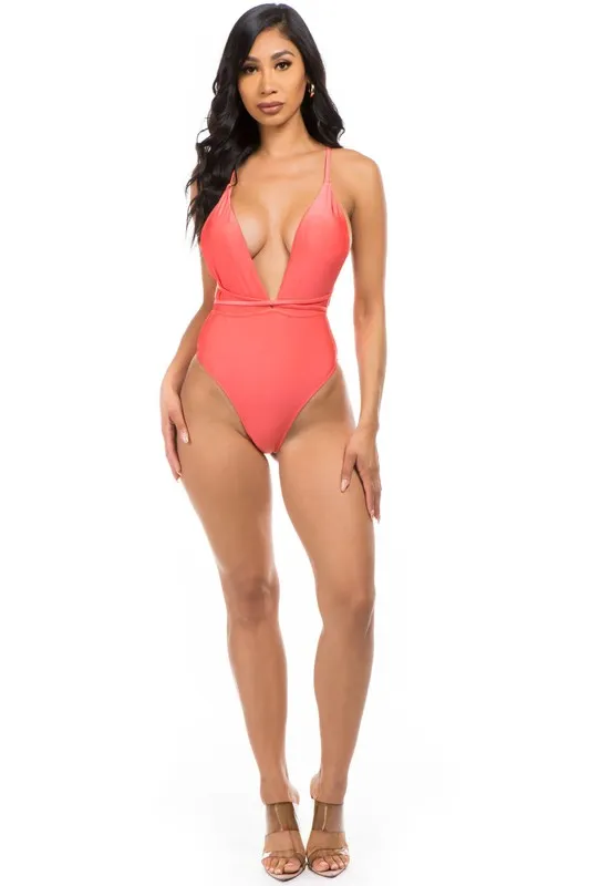 Low V-Neck One Piece Swimsuit