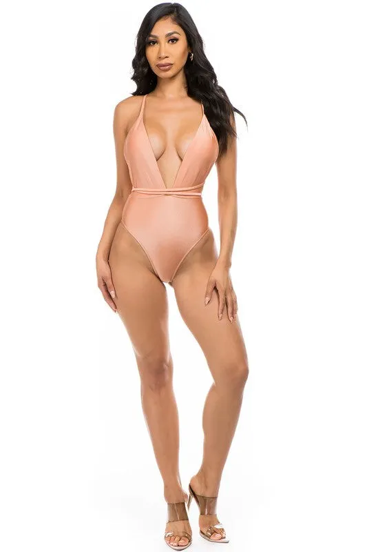 Low V-Neck One Piece Swimsuit