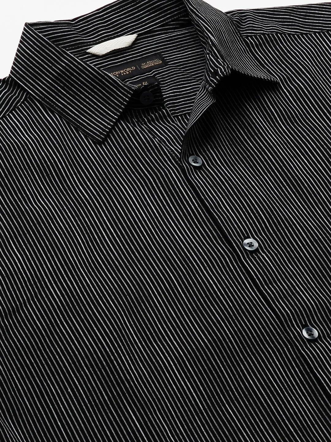 Men's Black/White Cotton Slim Fit Striped Shirt