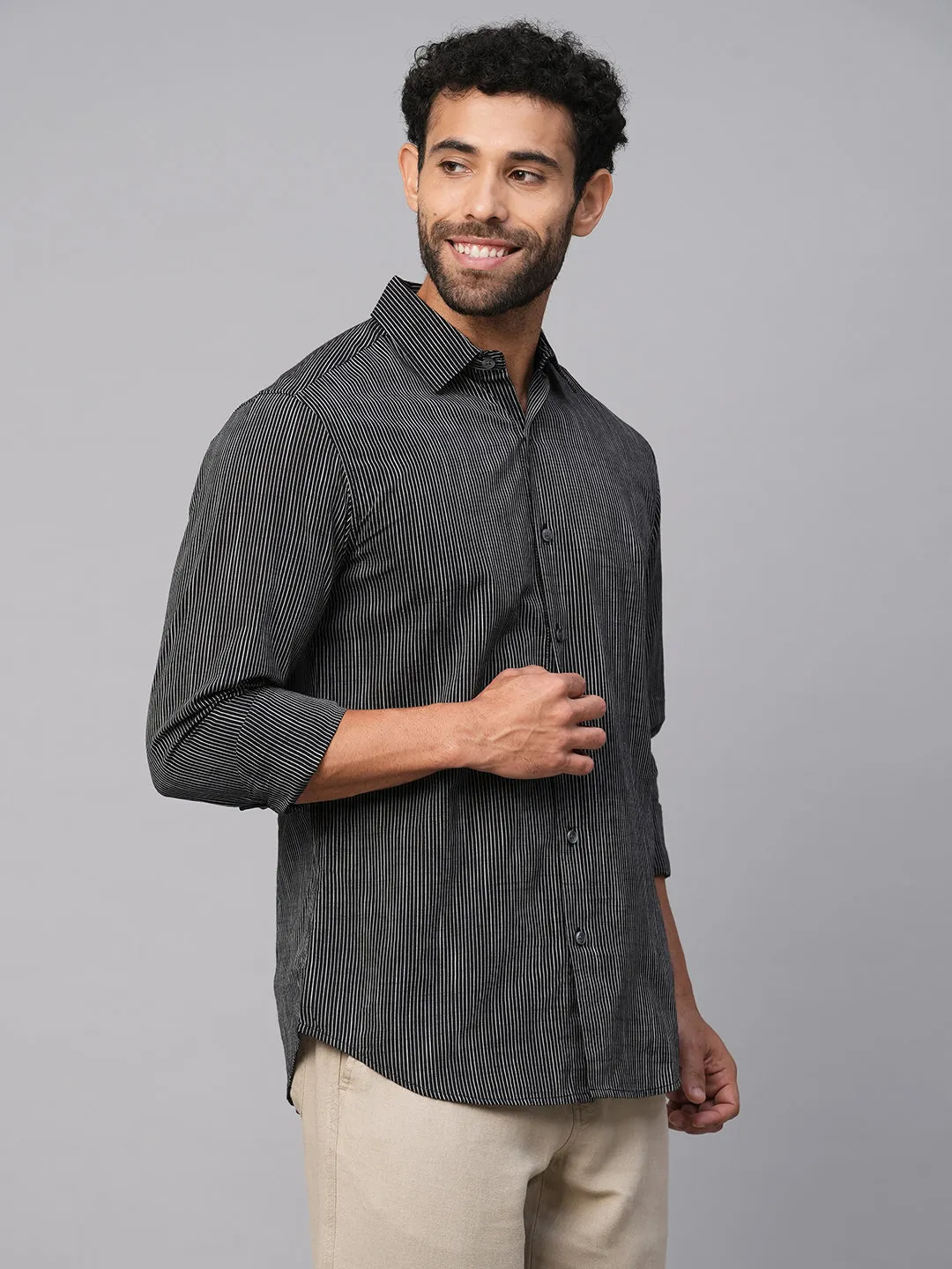 Men's Black/White Cotton Slim Fit Striped Shirt