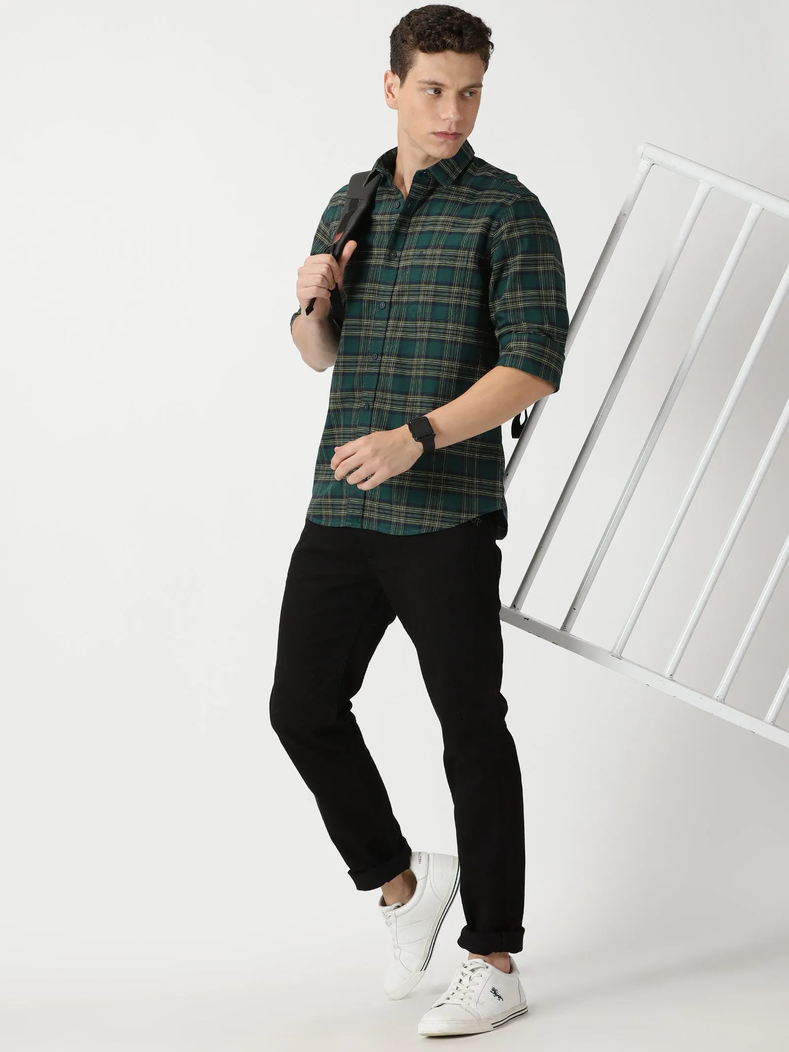 MEN'S GREEN CHECKS SLIM FIT SHIRT