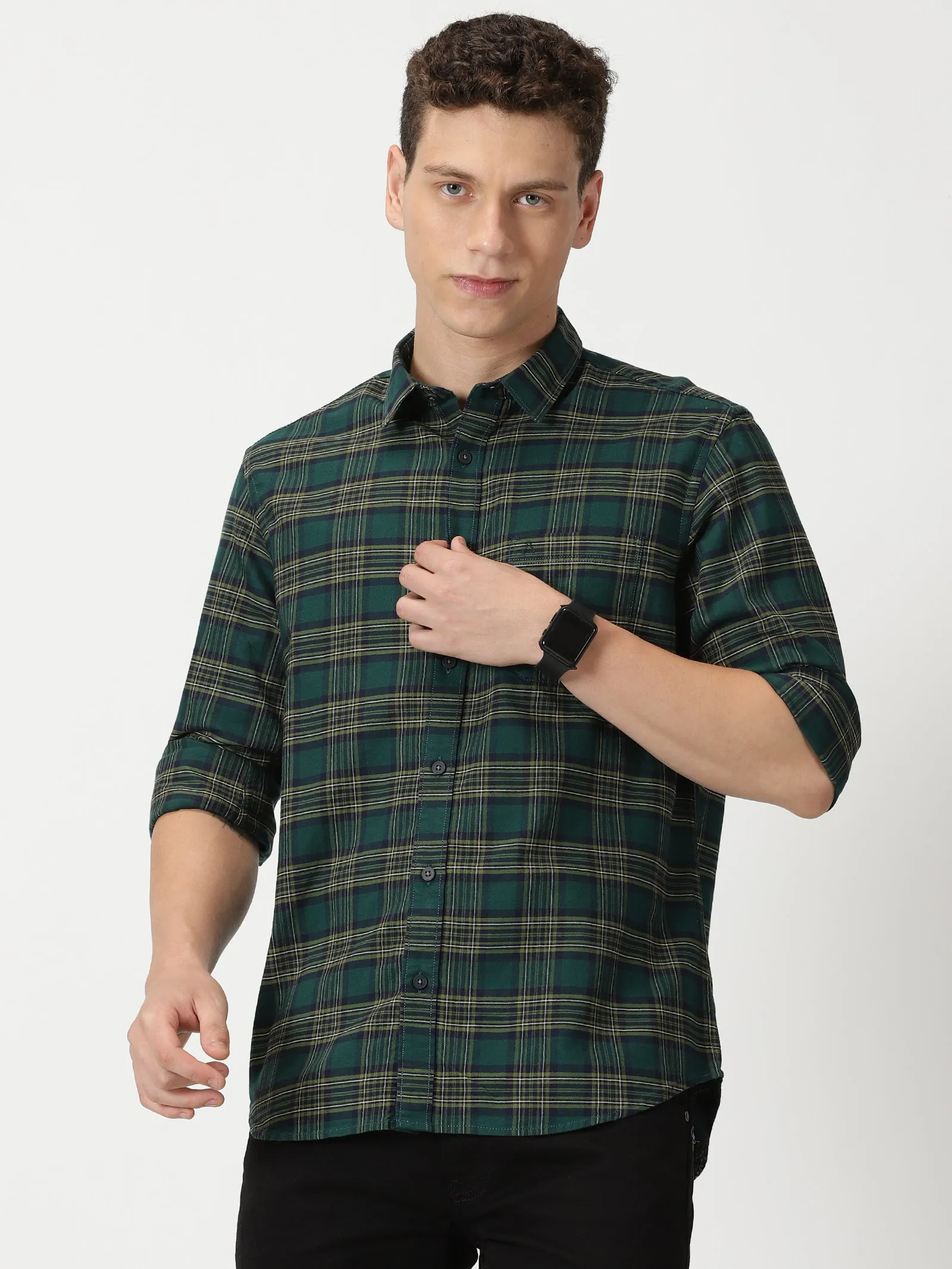 MEN'S GREEN CHECKS SLIM FIT SHIRT