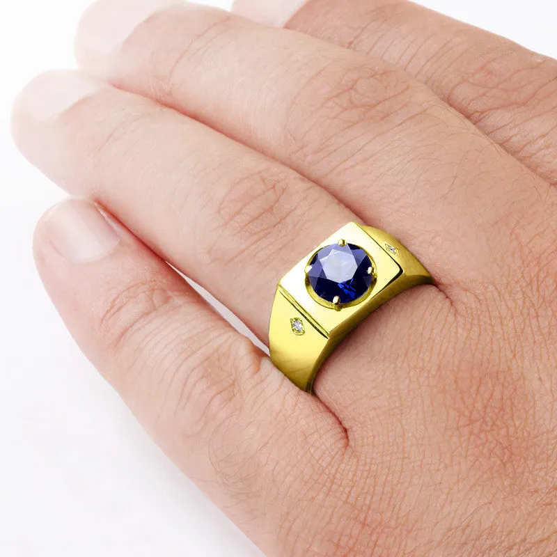 Men's Sapphire Ring in 10k Yellow Gold with Natural Diamonds