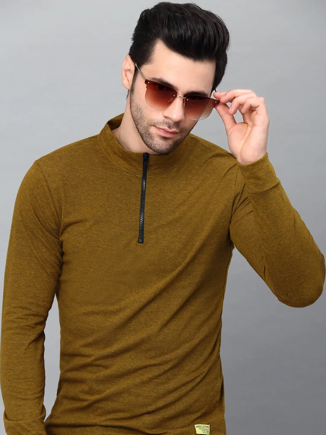 Mustard Black Henley Neck Full Sleeve T-Shirt