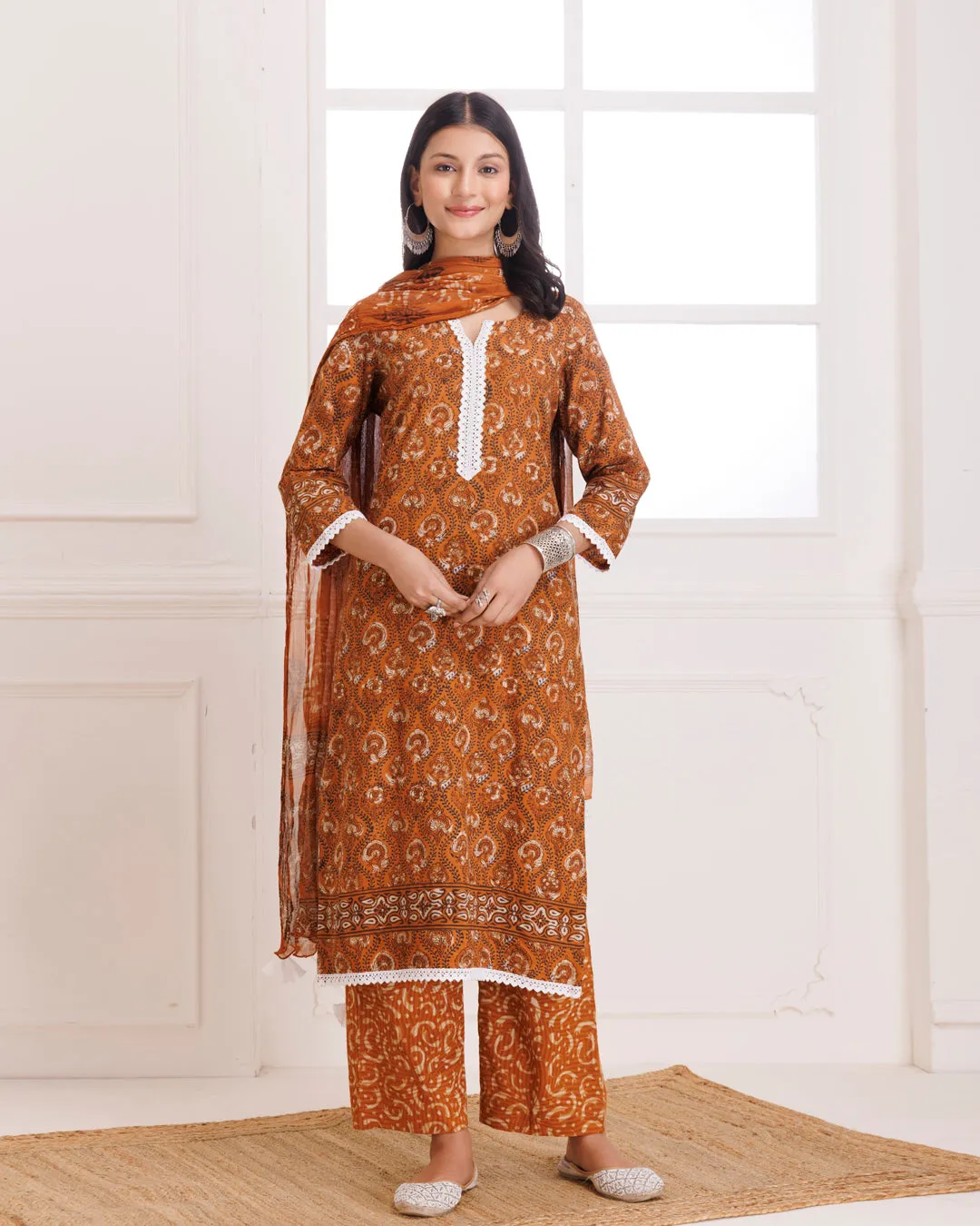 Mustard Dabu Hand Block Printed Cotton Suit Set