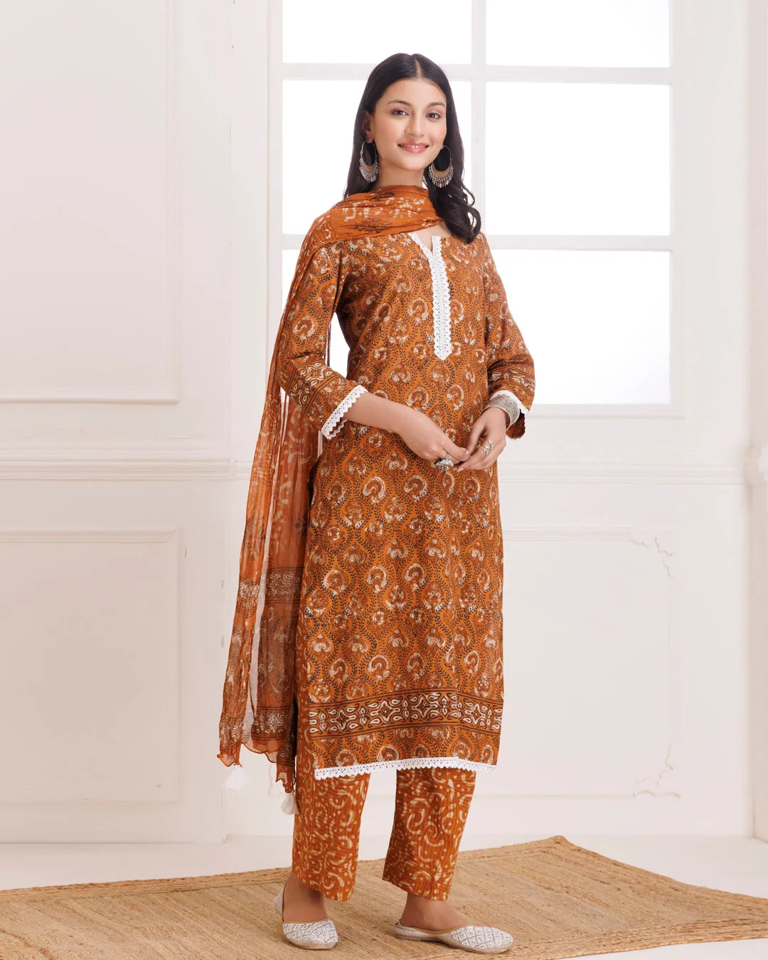 Mustard Dabu Hand Block Printed Cotton Suit Set