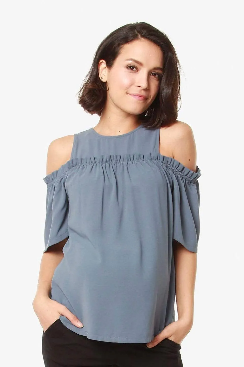 Off Shoulder Flounce Sleeves Nursing Top Cherice Charcoal