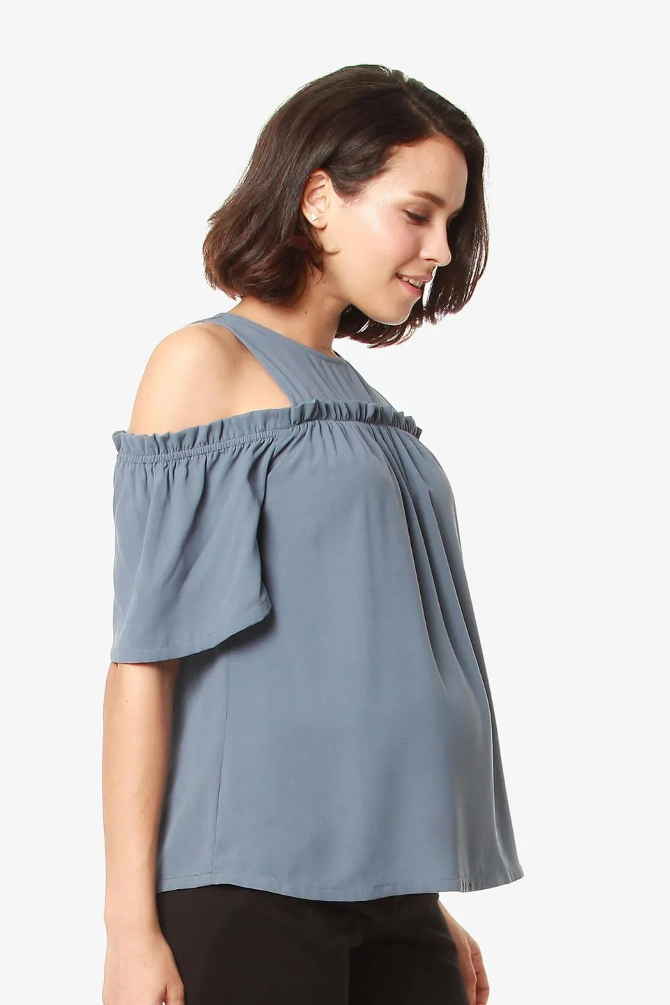 Off Shoulder Flounce Sleeves Nursing Top Cherice Charcoal