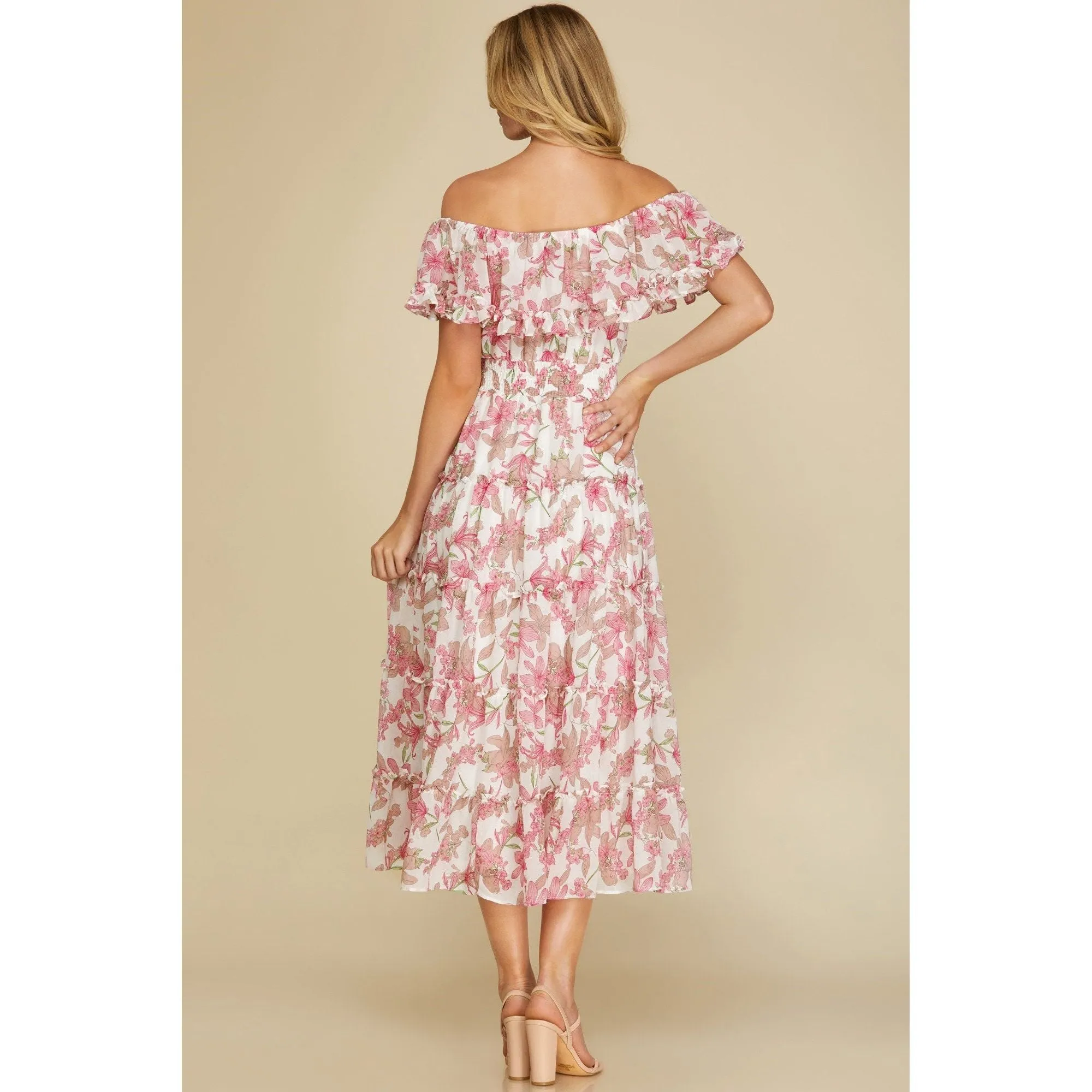 Off Shoulder Ruffled Woven Print Midi Dress