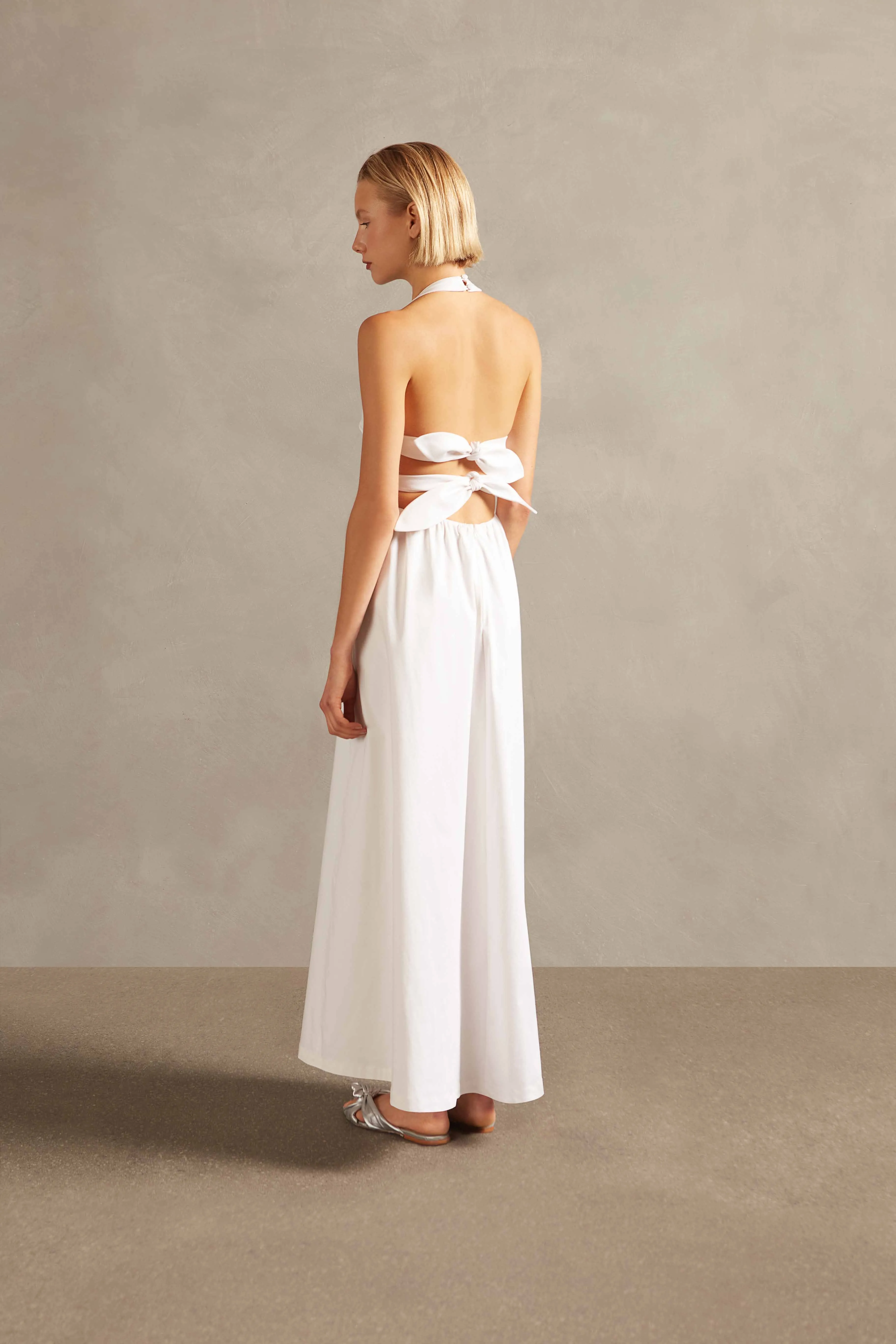 Off-White Solid Cotton Long Dress