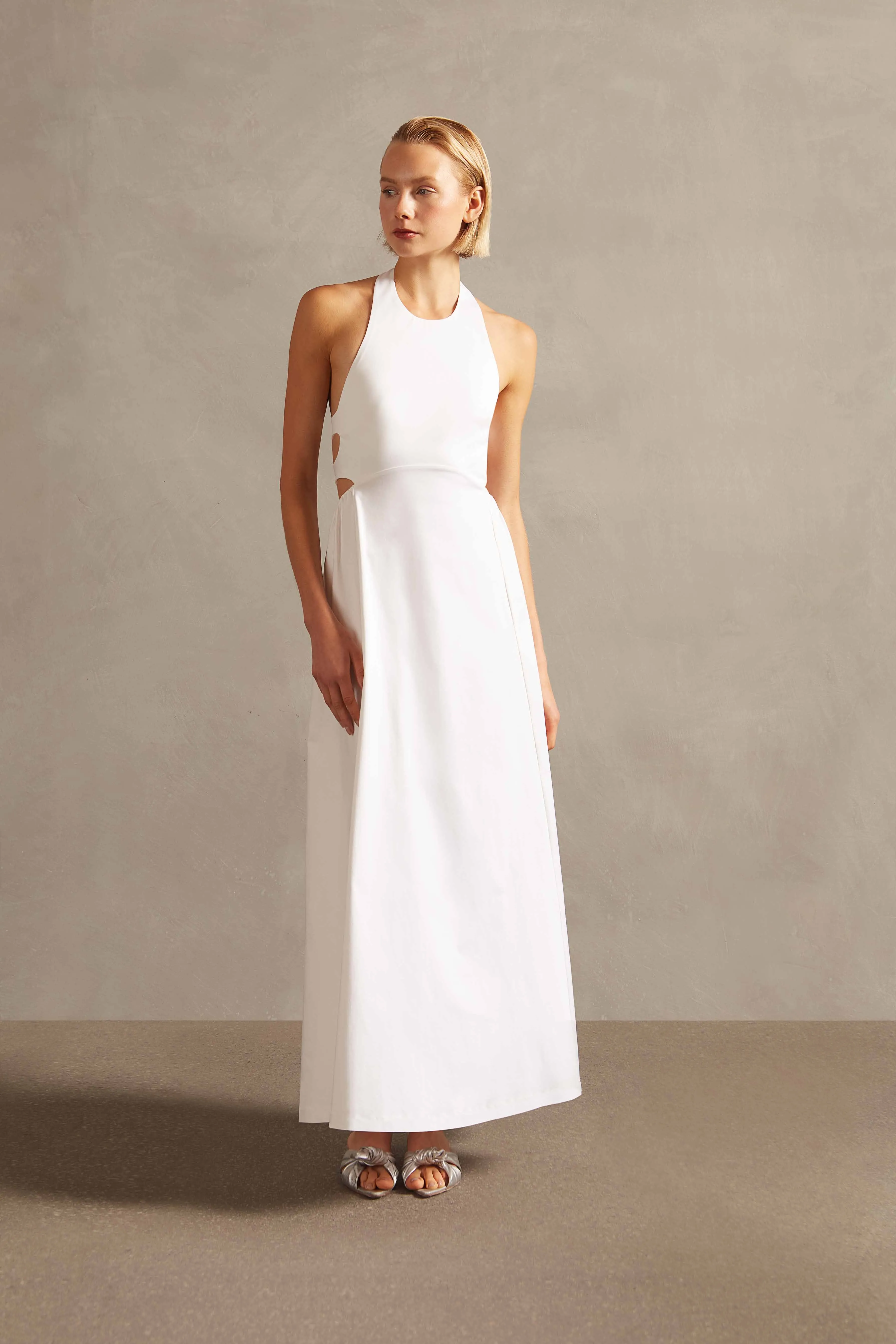 Off-White Solid Cotton Long Dress