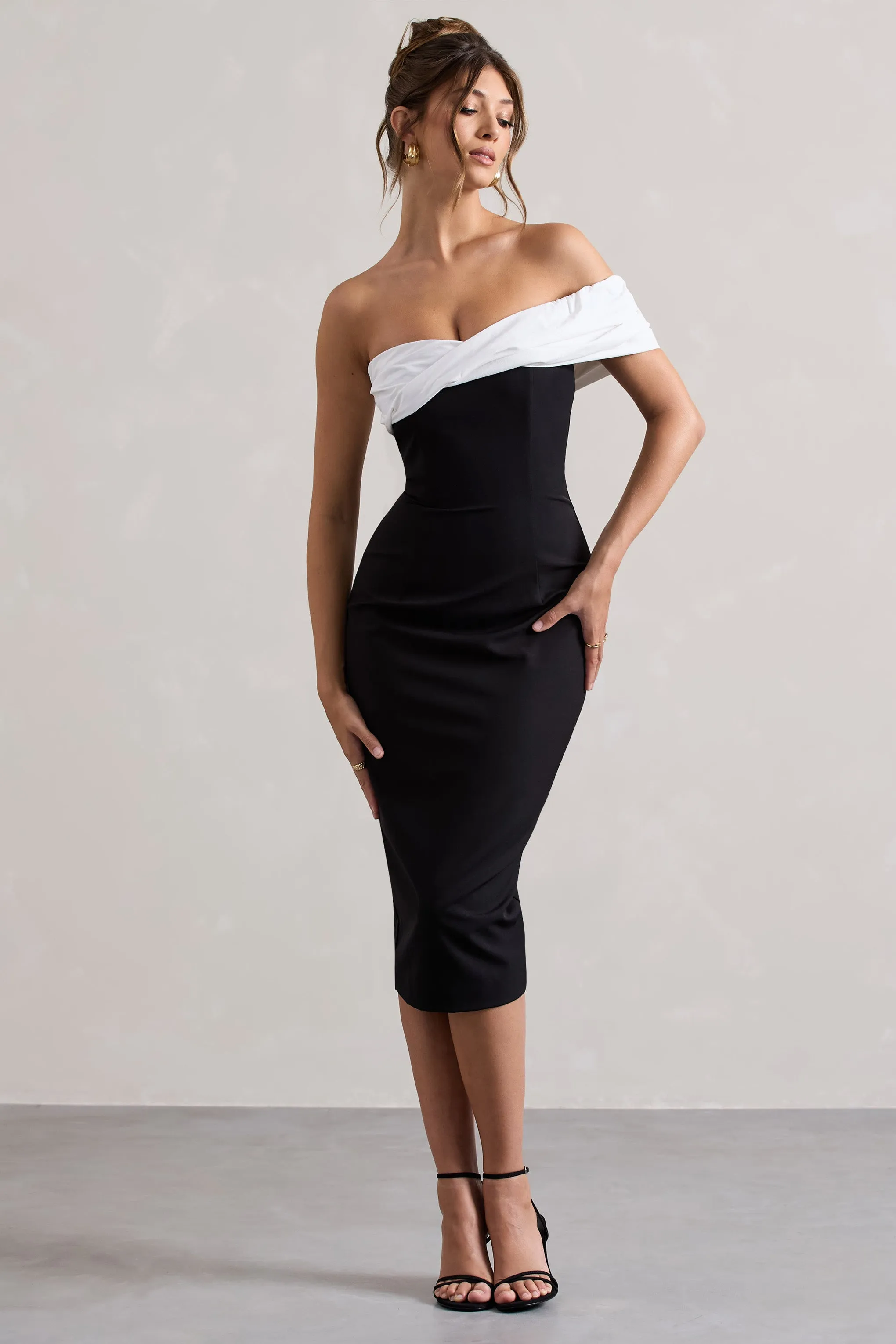 Pearl | Black Twisted Bardot Tailored Midi Dress