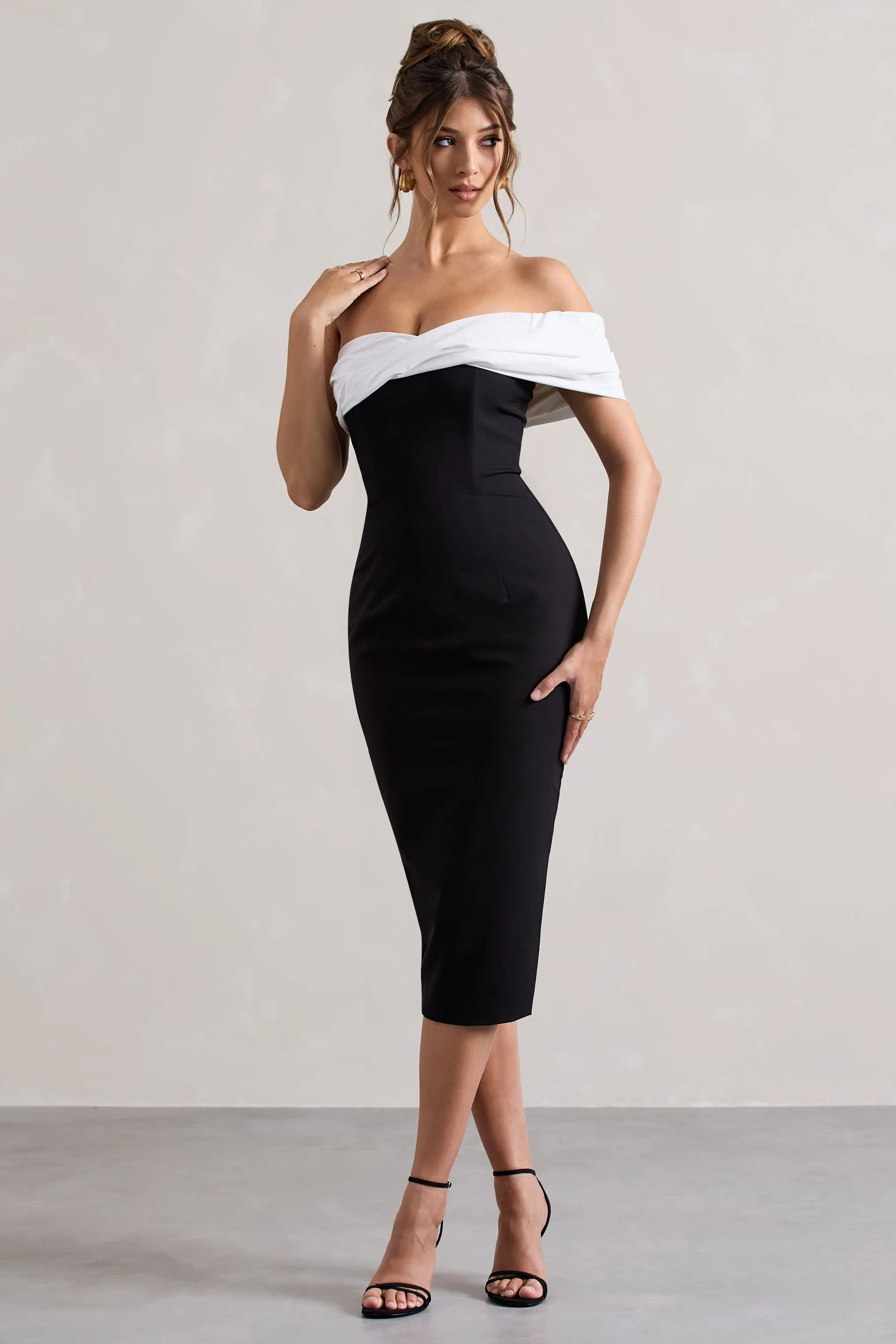 Pearl | Black Twisted Bardot Tailored Midi Dress