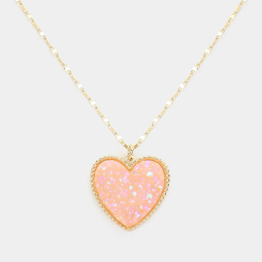 Pink Druzy Heart Pendant Necklace