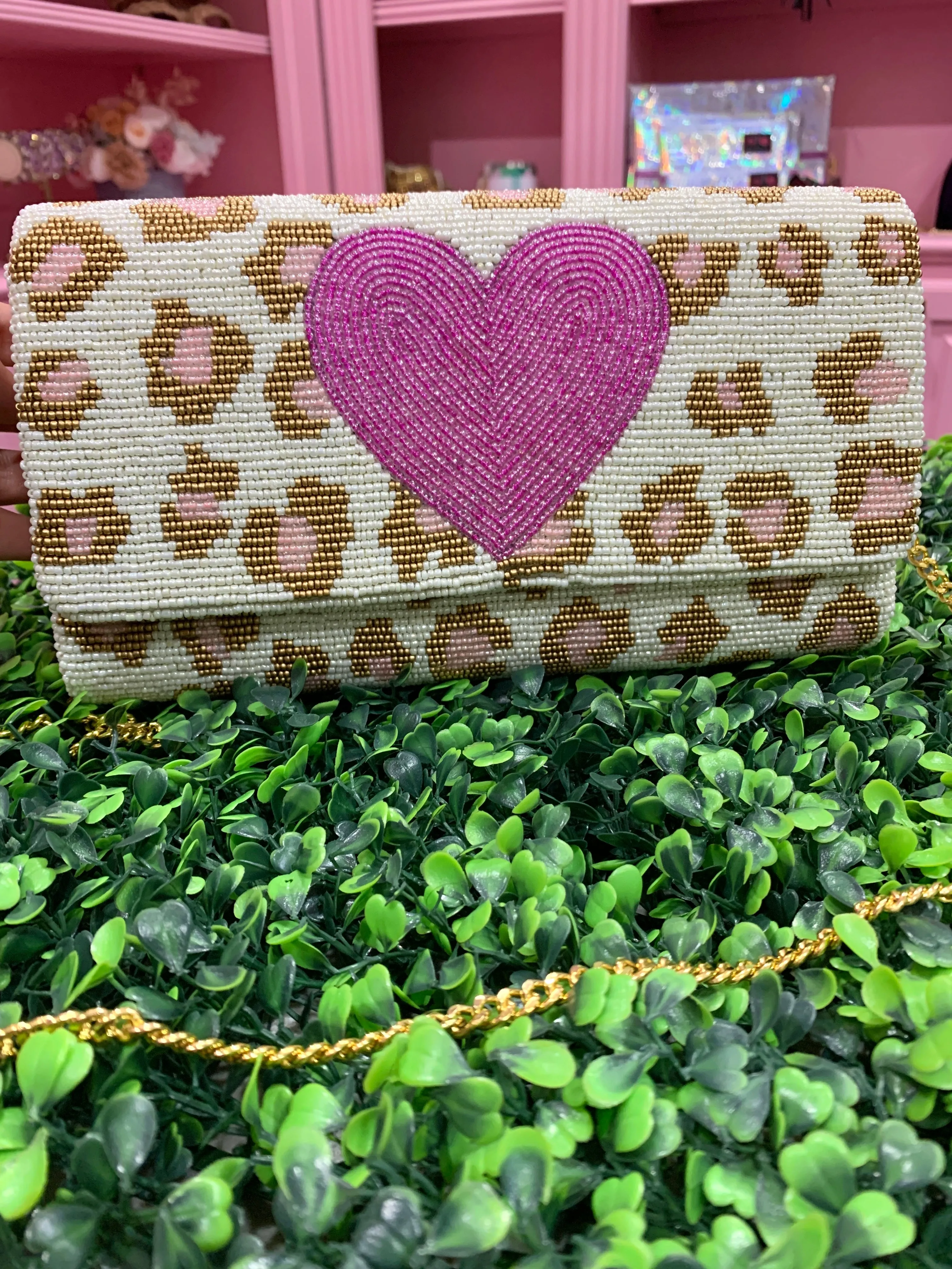 Pink Heart Leopard Beaded Clutch Crossbody