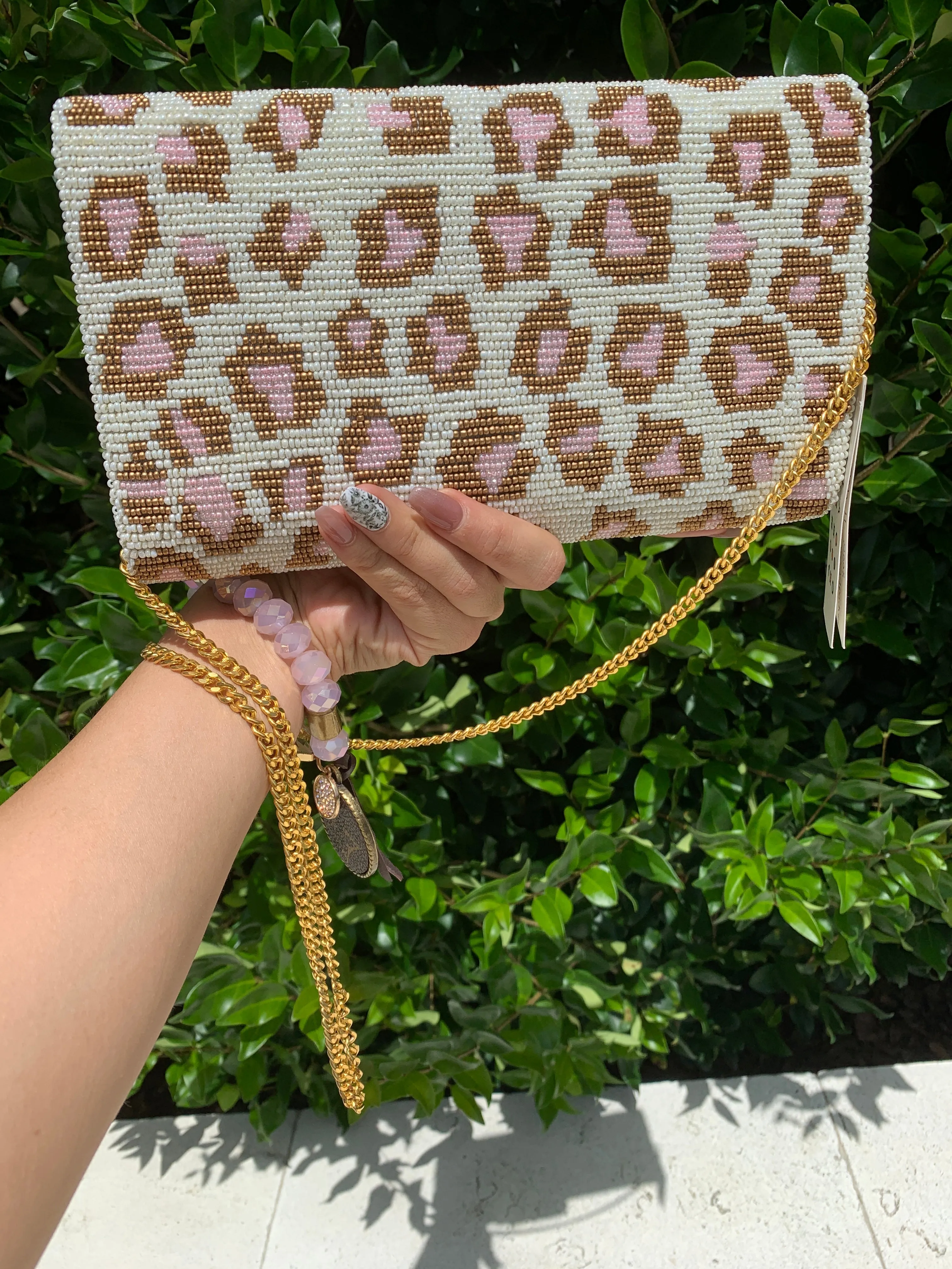 Pink Heart Leopard Beaded Clutch Crossbody